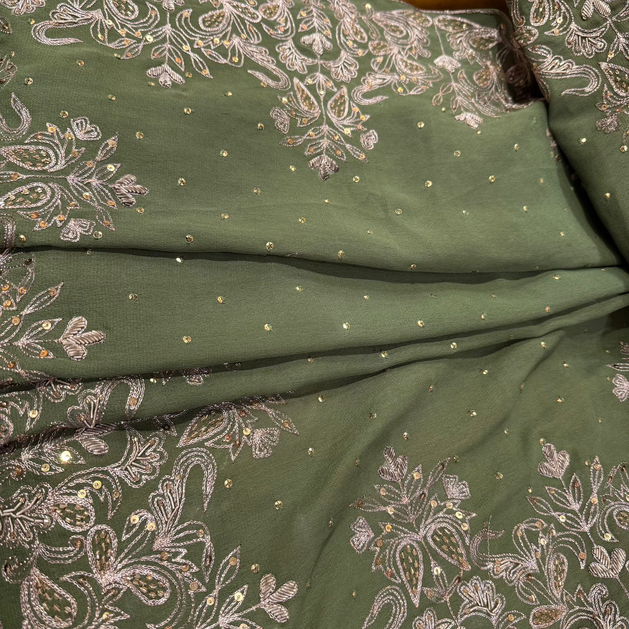Olive w Gold Embroidered Dupatta - Vintage India NYC