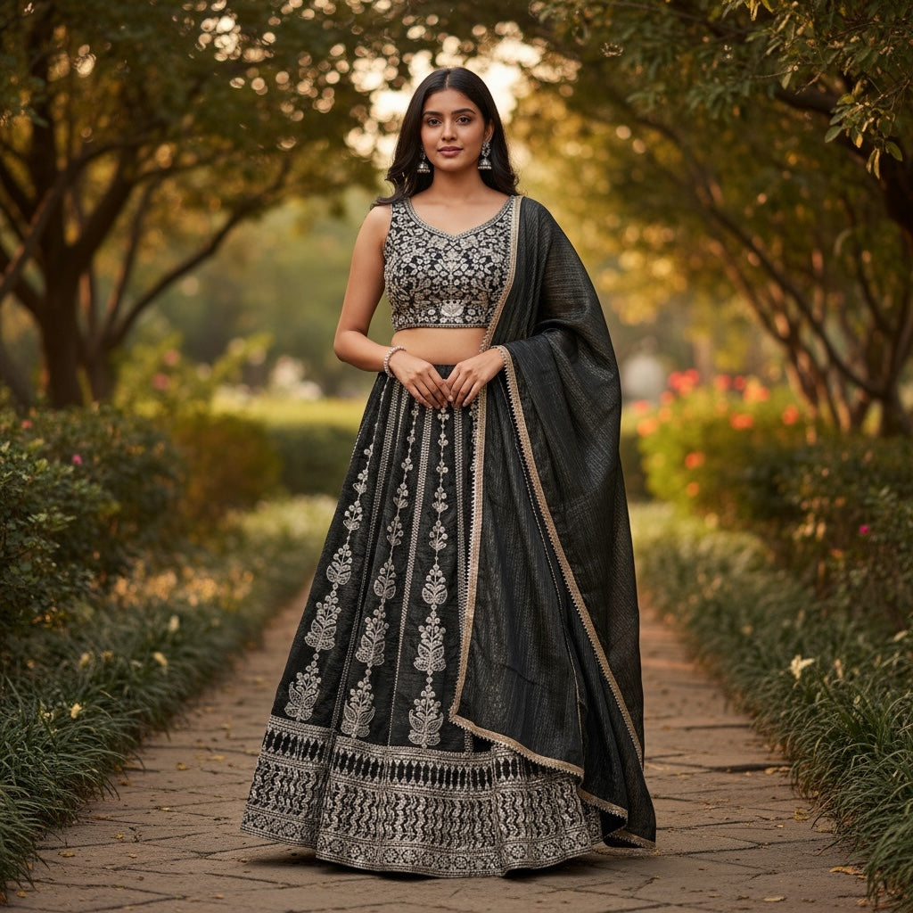 Gold Embroidered Streaming Flower Lehenga Set-2 Colors