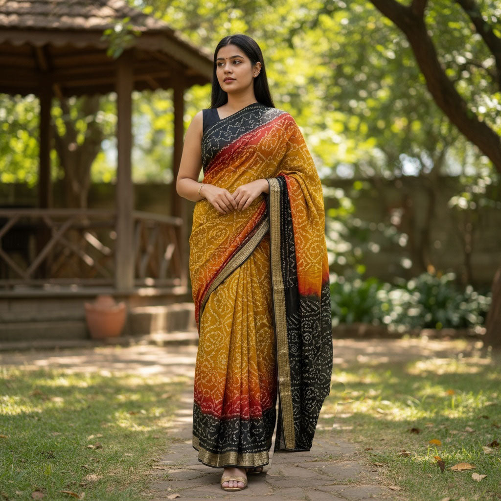 Mustard Ombre Bandhani Silk Saree - Vintage India NYC