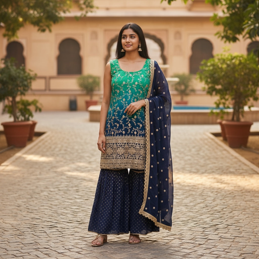 Peacock Navy Ombre Gharara Sets