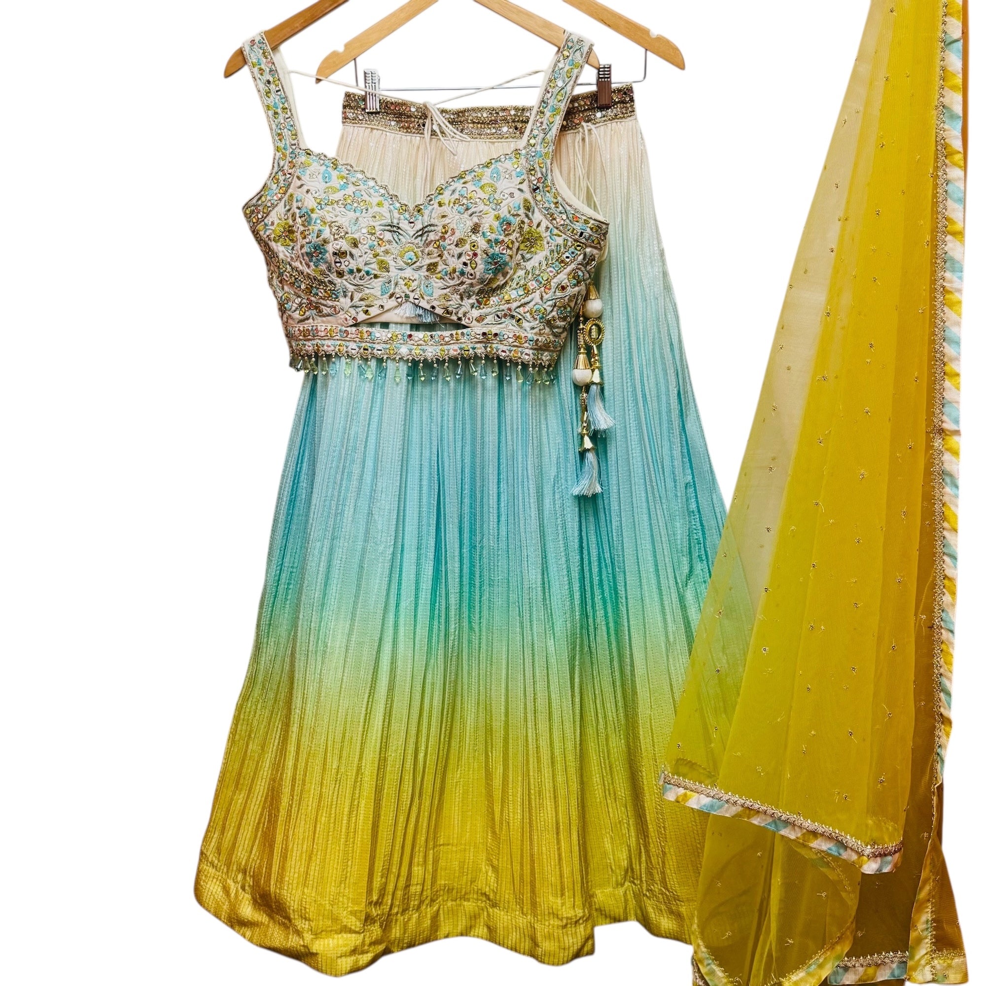 Aqua Lemon Ombre Embroidered Lehenga Set