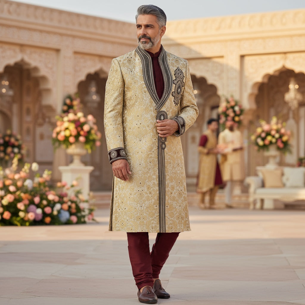 Vintage Ivory & Gold Brocade Sherwani