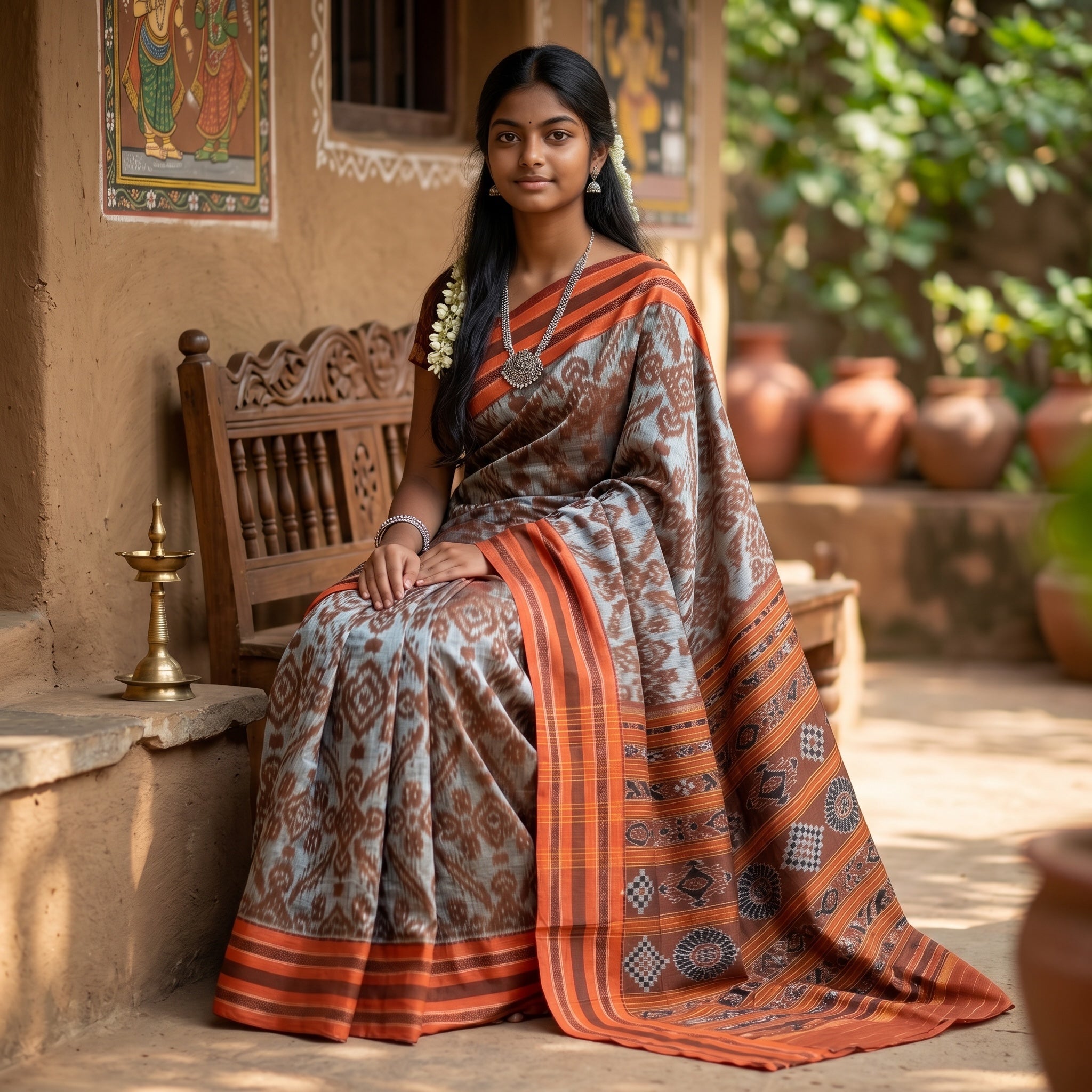 Olrissan Ikat Silk-Grey& Rust Saree