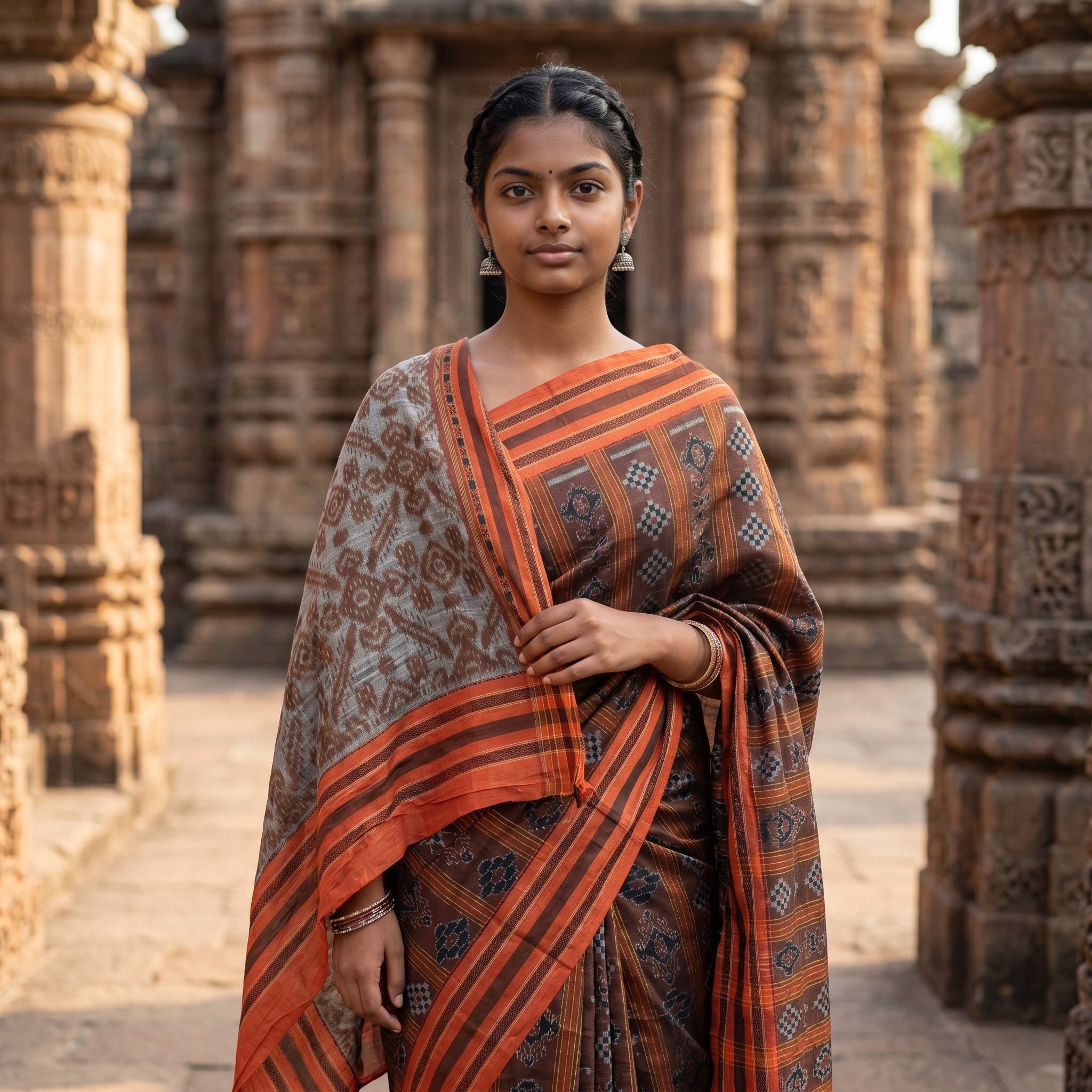 Olrissan Ikat Silk-Grey& Rust Saree