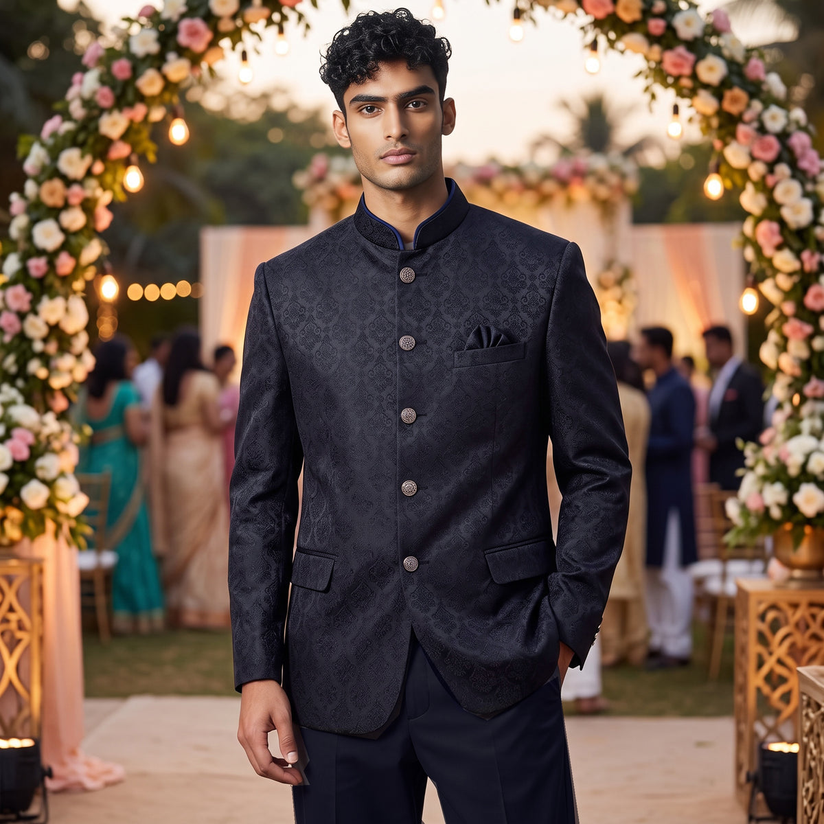 Navy Ornate Crest Jodhpuri Jacket