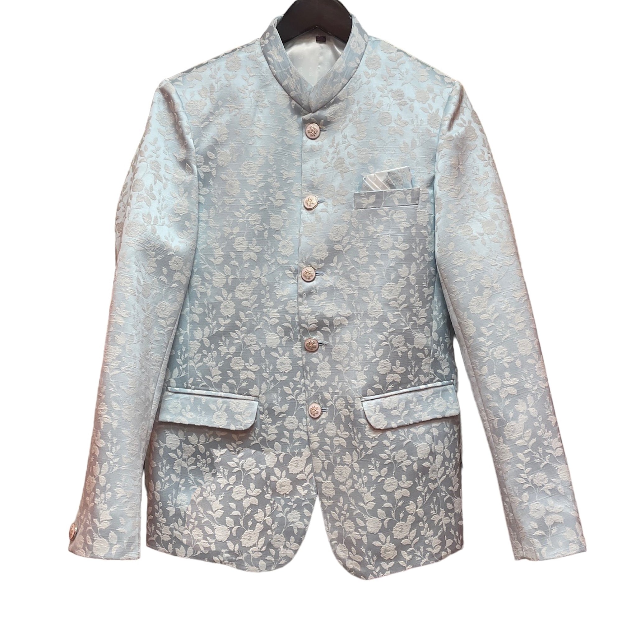 Pale Blue Floral Jodhpuri Jacket - Vintage India NYC
