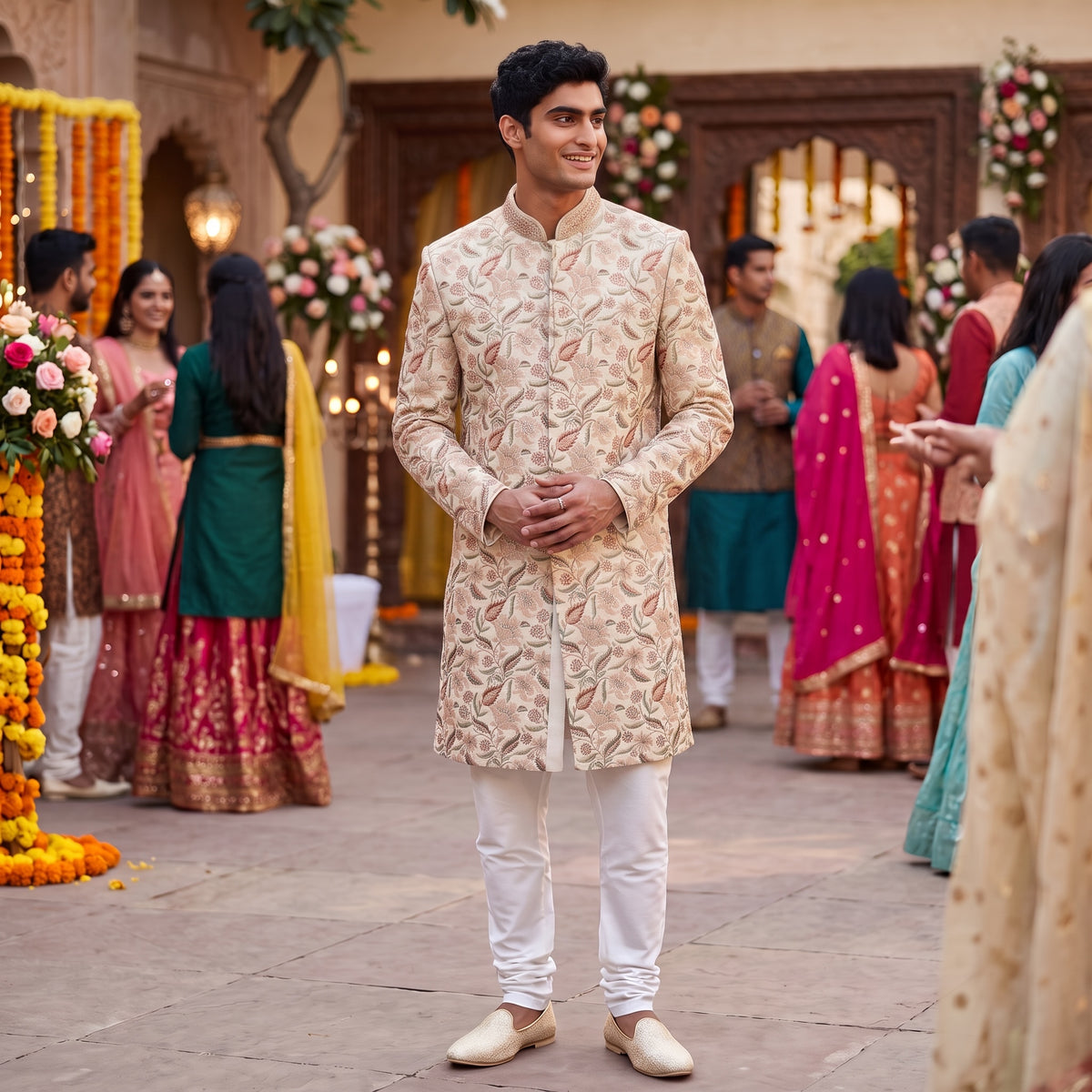 Peach Botanical Embroidered Sherwani