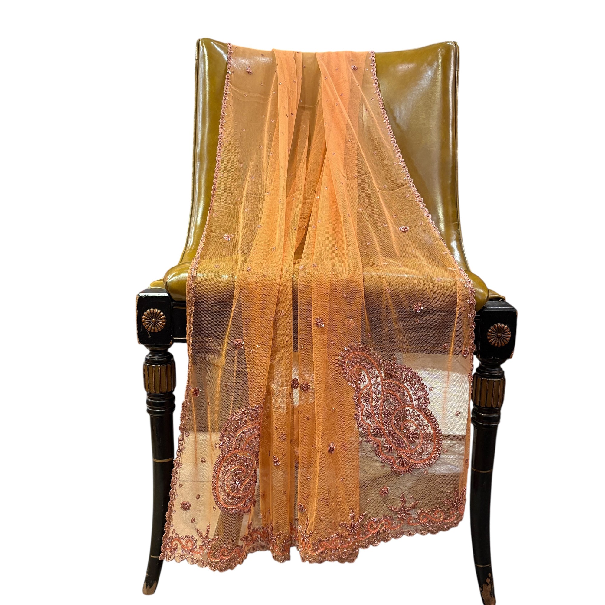 Peach Net Embroidered Dupatta - Vintage India NYC