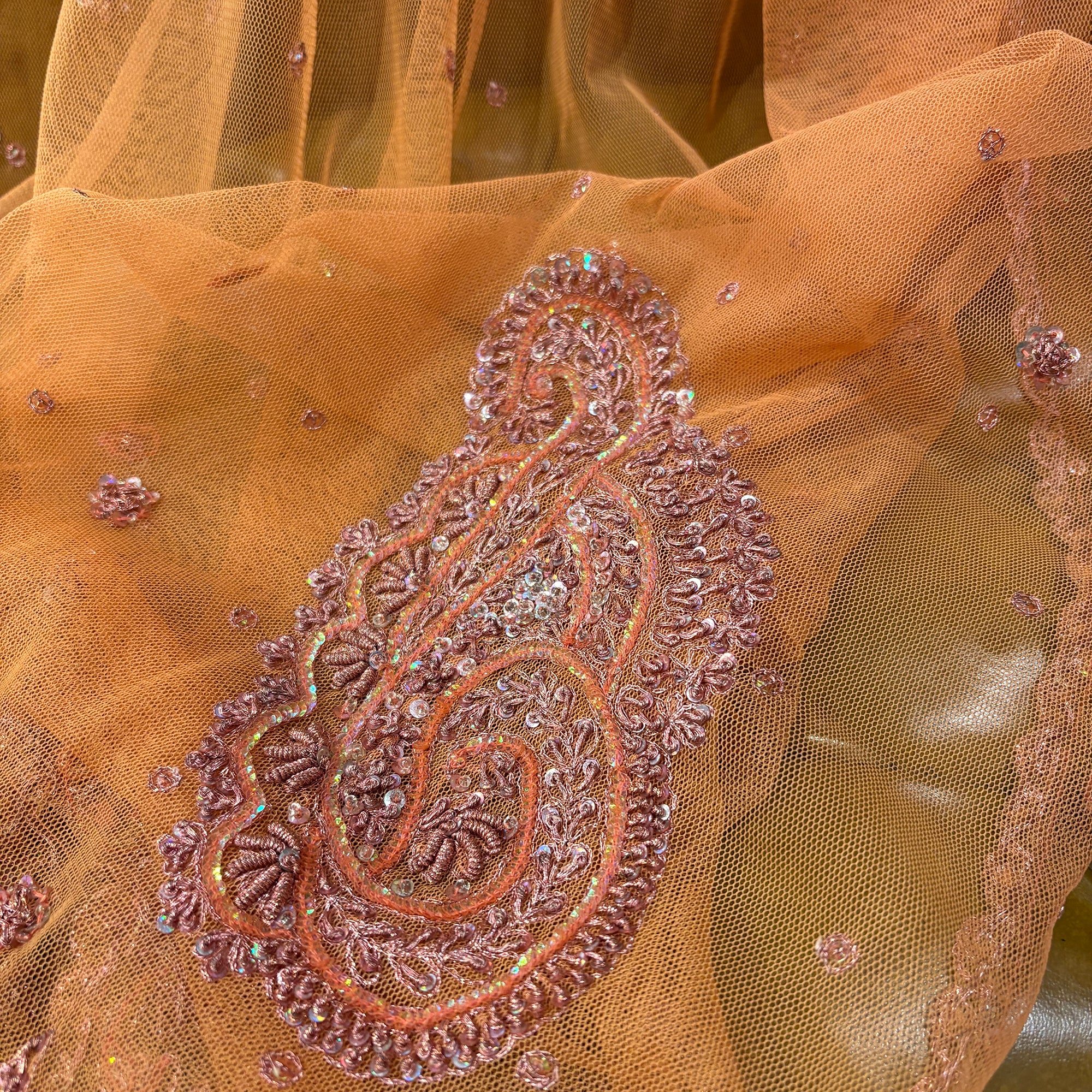 Peach Net Embroidered Dupatta - Vintage India NYC