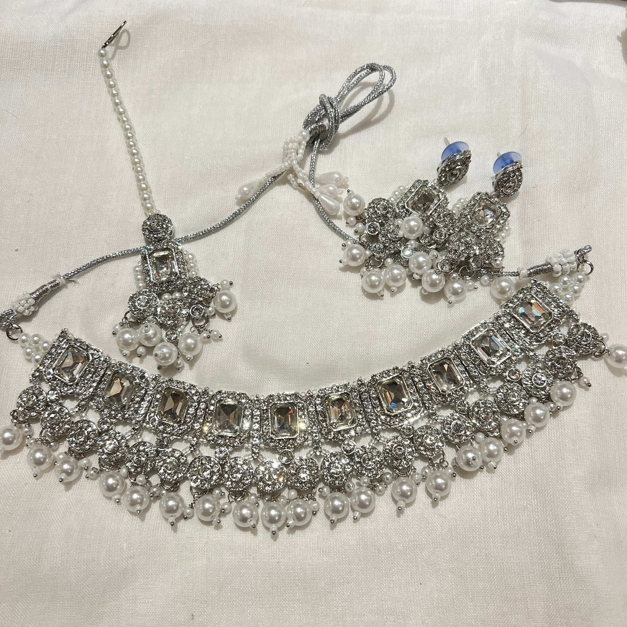 Oblong Silver Stone Necklace Set-3 Colors - Vintage India NYC