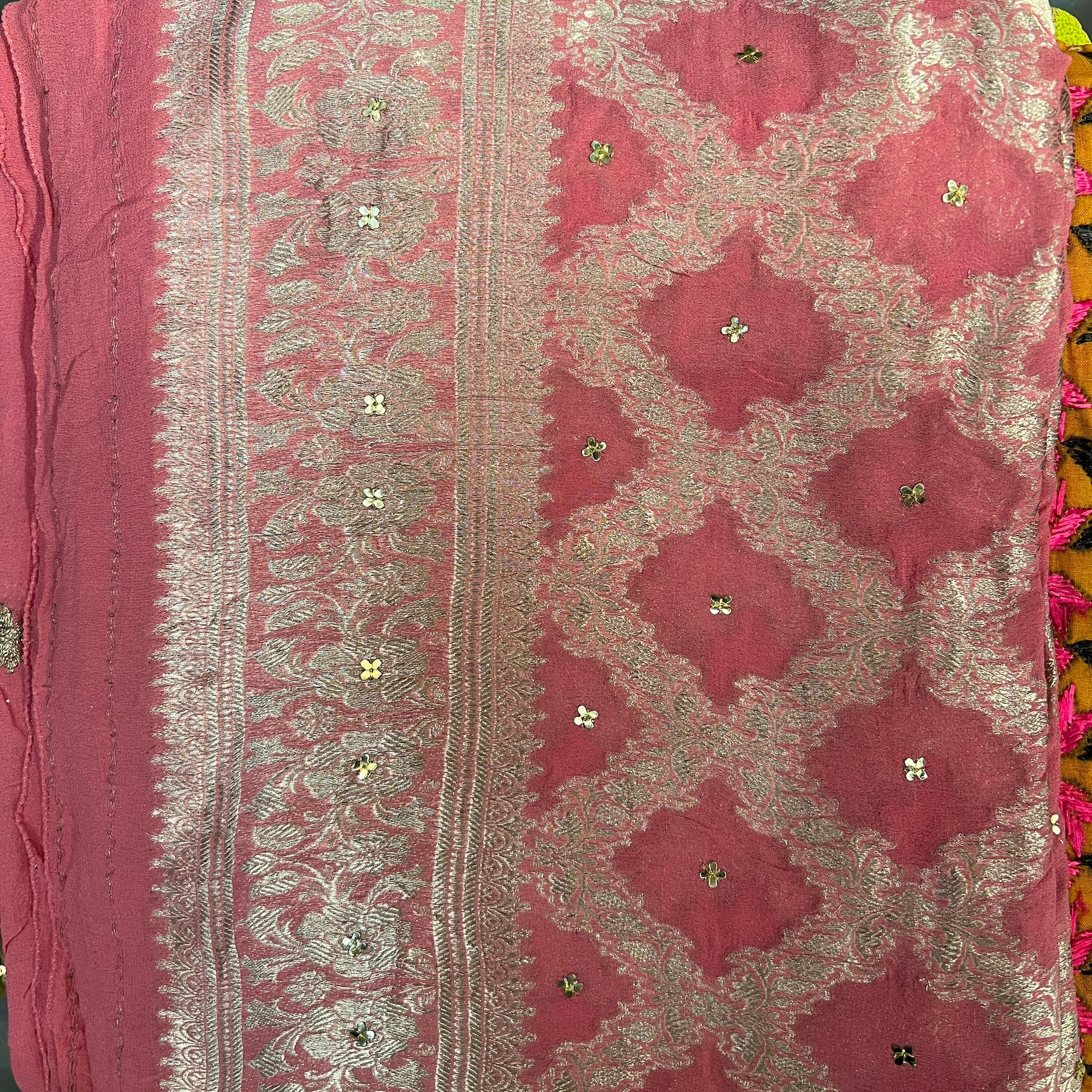 Pink Pure Silk Silver Brocade Dupatta Scarf - Vintage India NYC