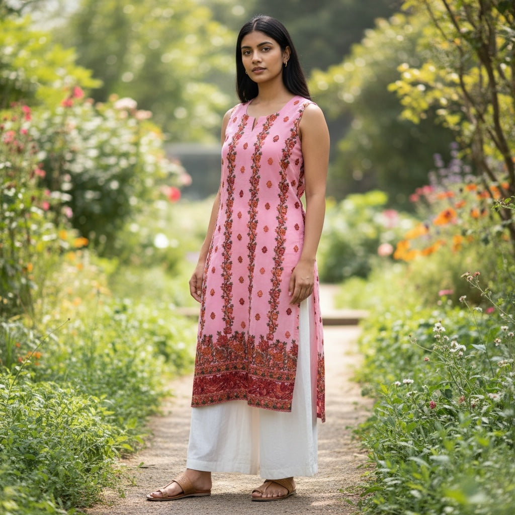 Pink Kashmiri Embroidered Sleeveless Kurta