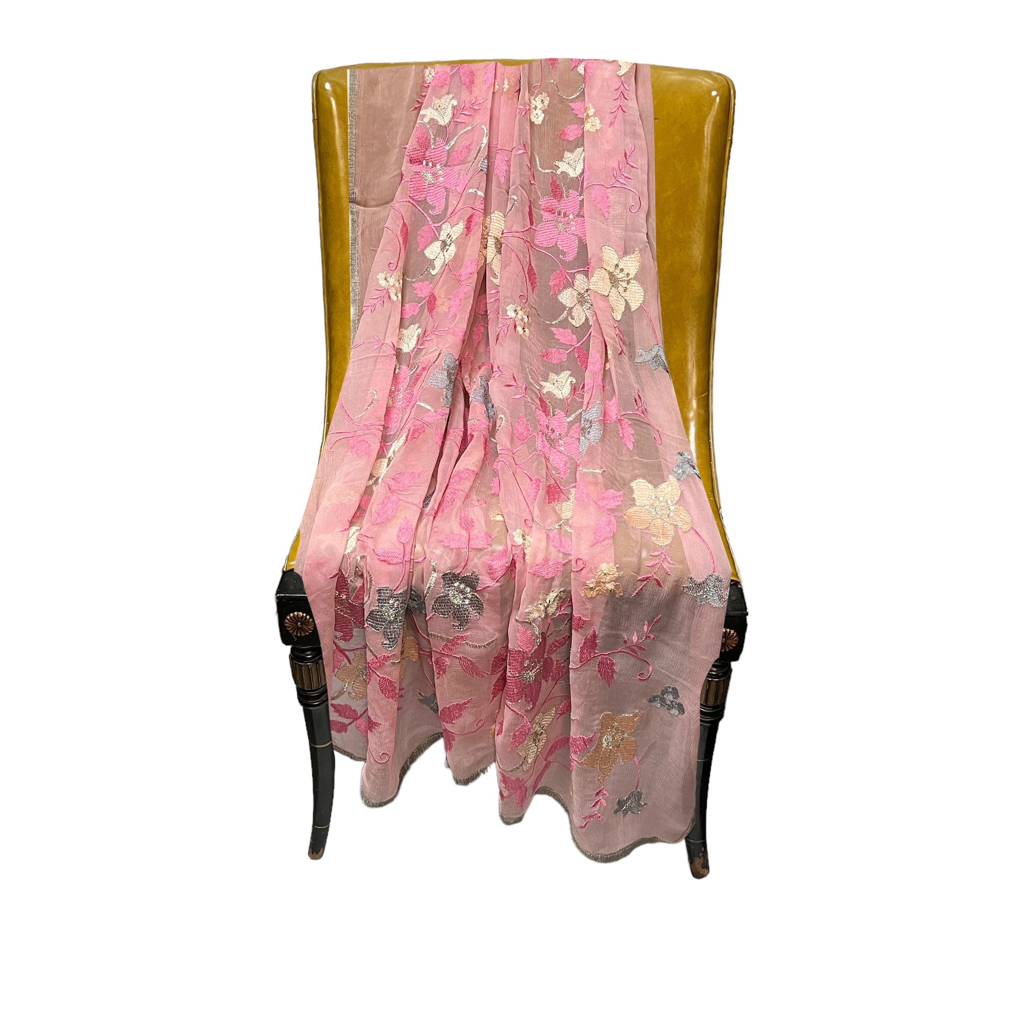 Pink Floral Embroidered Dupatta - Vintage India NYC