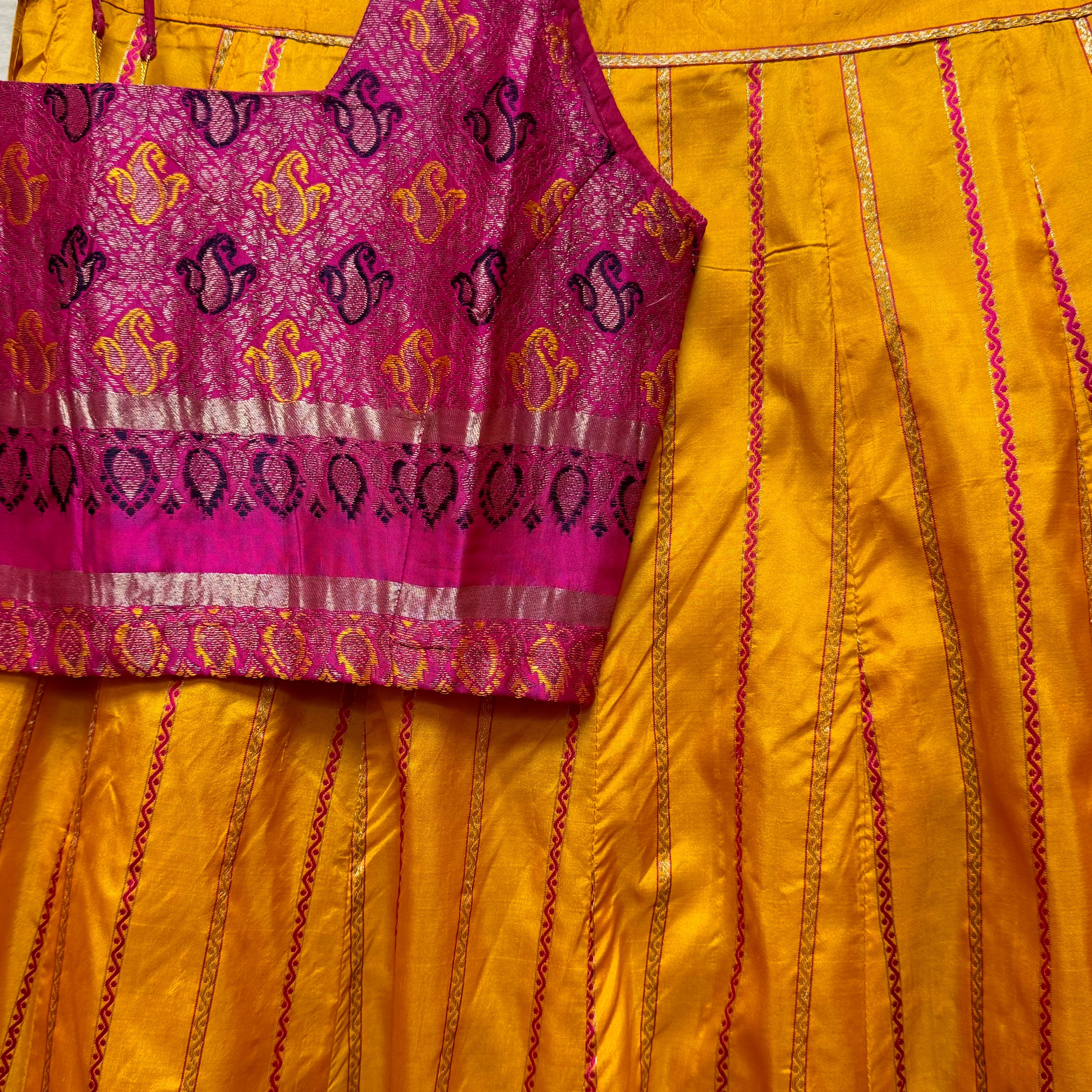 Pink & Marigold Silk Lehenga Set-Size 32-33