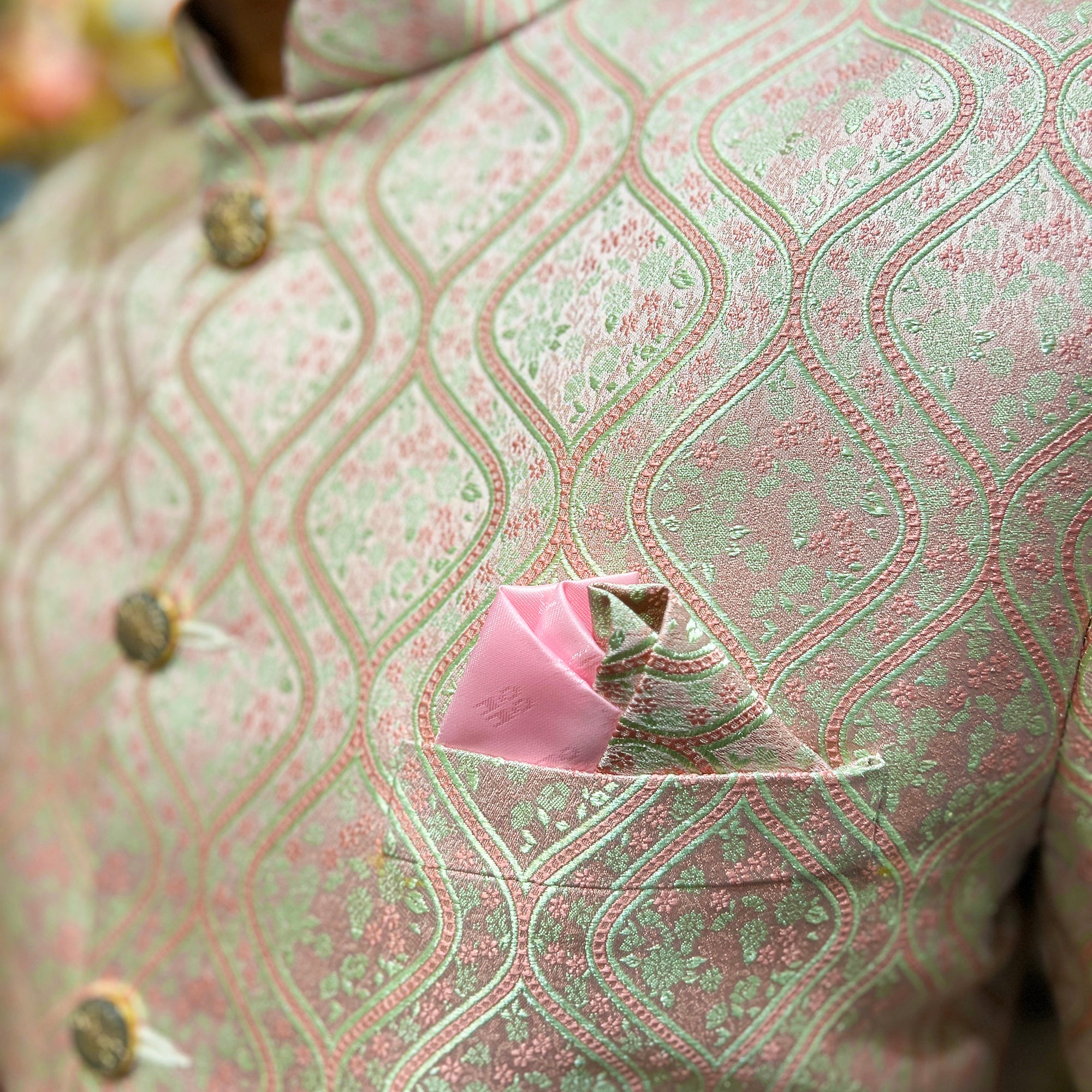 Pink & Mint Ogee Jacquard Sherwani - Vintage India NYC