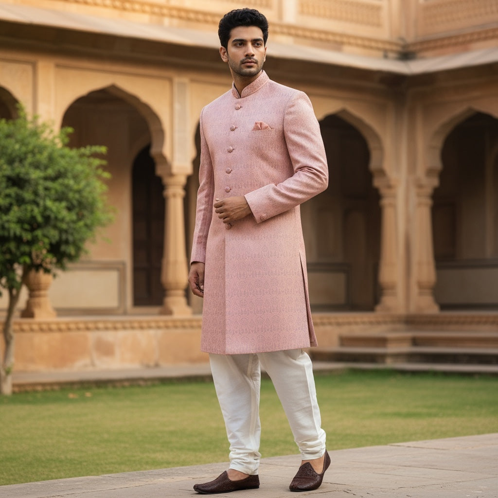 Pink Jacquard Sherwani