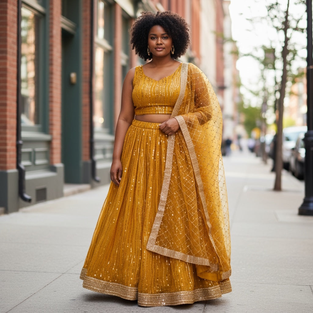 DT Plus Size Sequin Lehenga Sets-Mustard