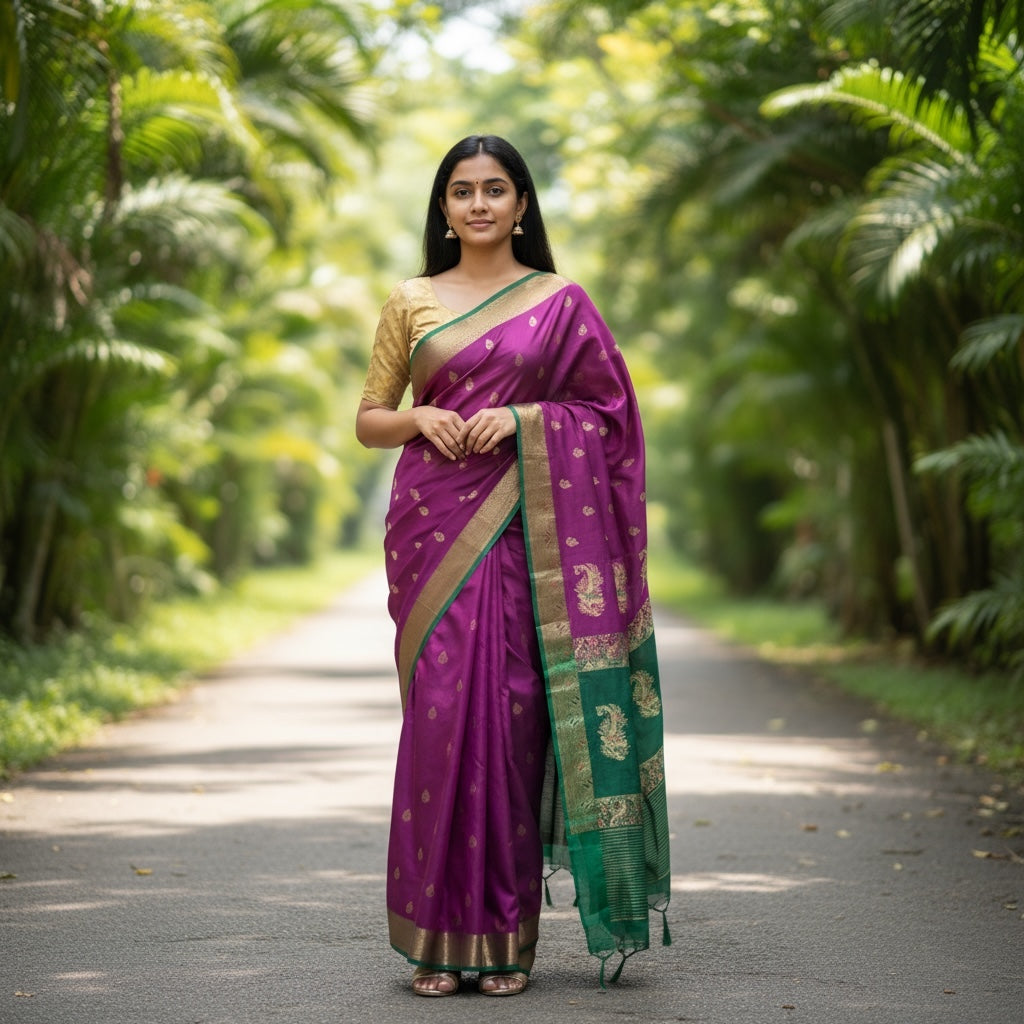Purple & Green Silk Banarasi Saree - Vintage India NYC