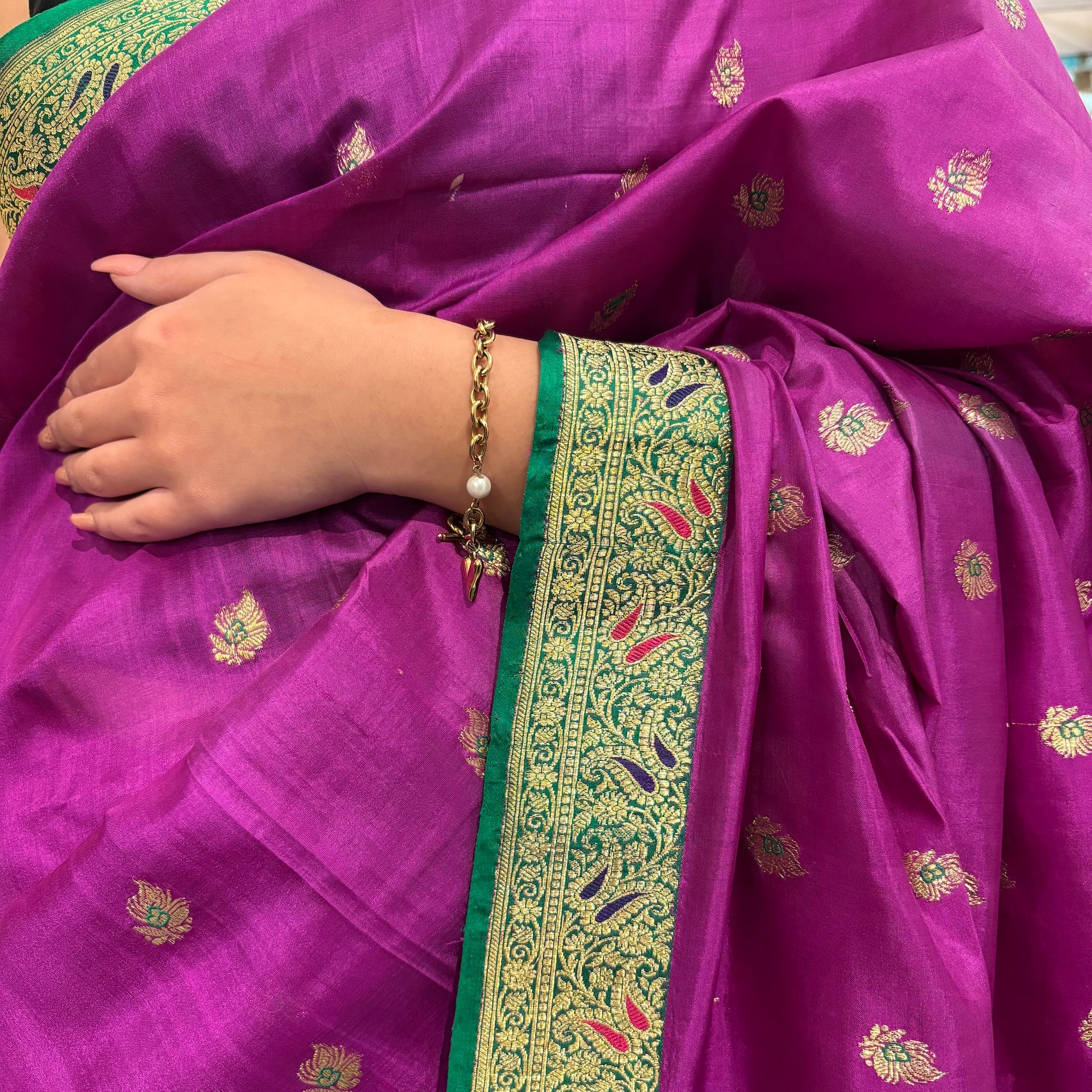 Purple & Green Silk Banarasi Saree - Vintage India NYC