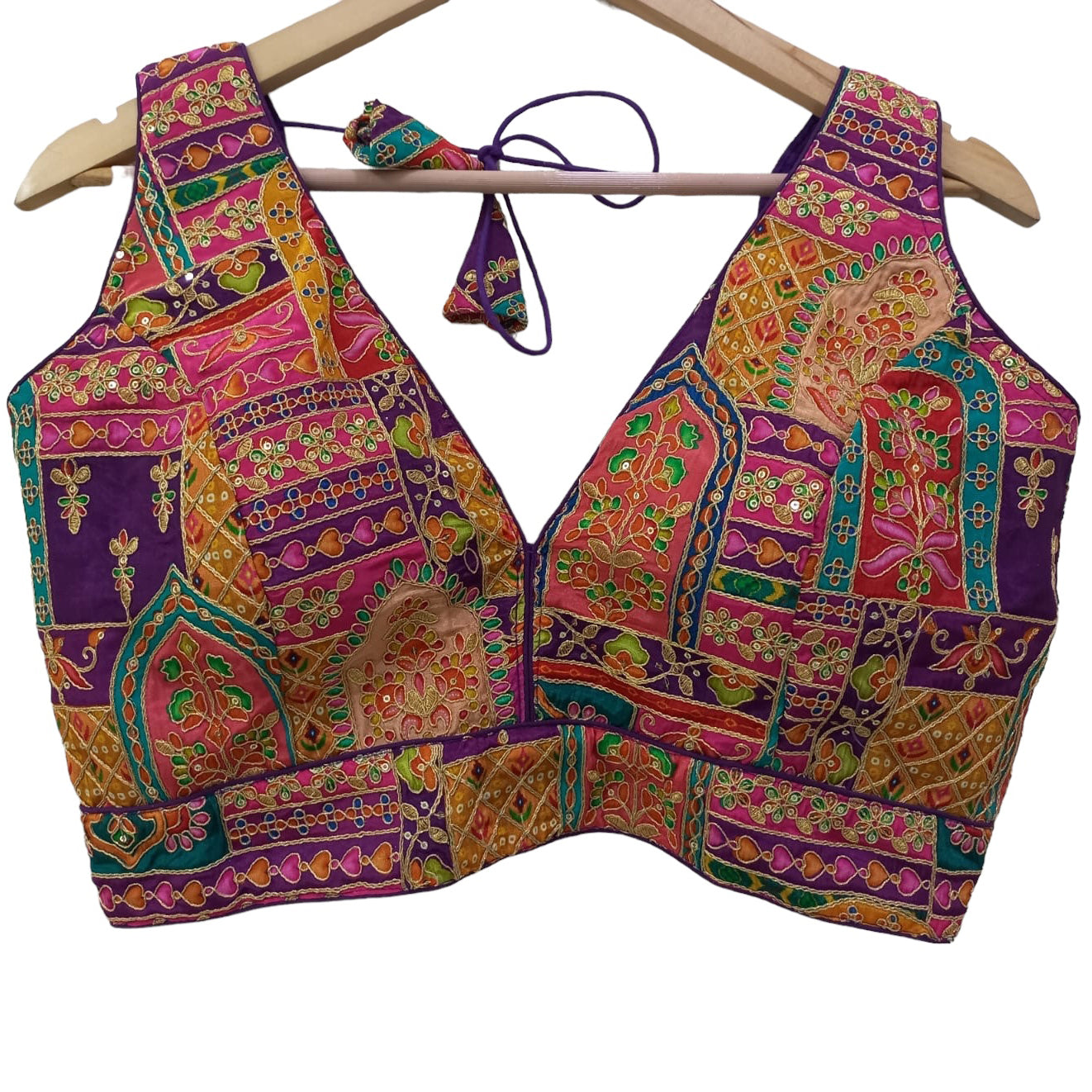 V Neck Embroidered Patchwork Blouse-Many Colors - Vintage India NYC
