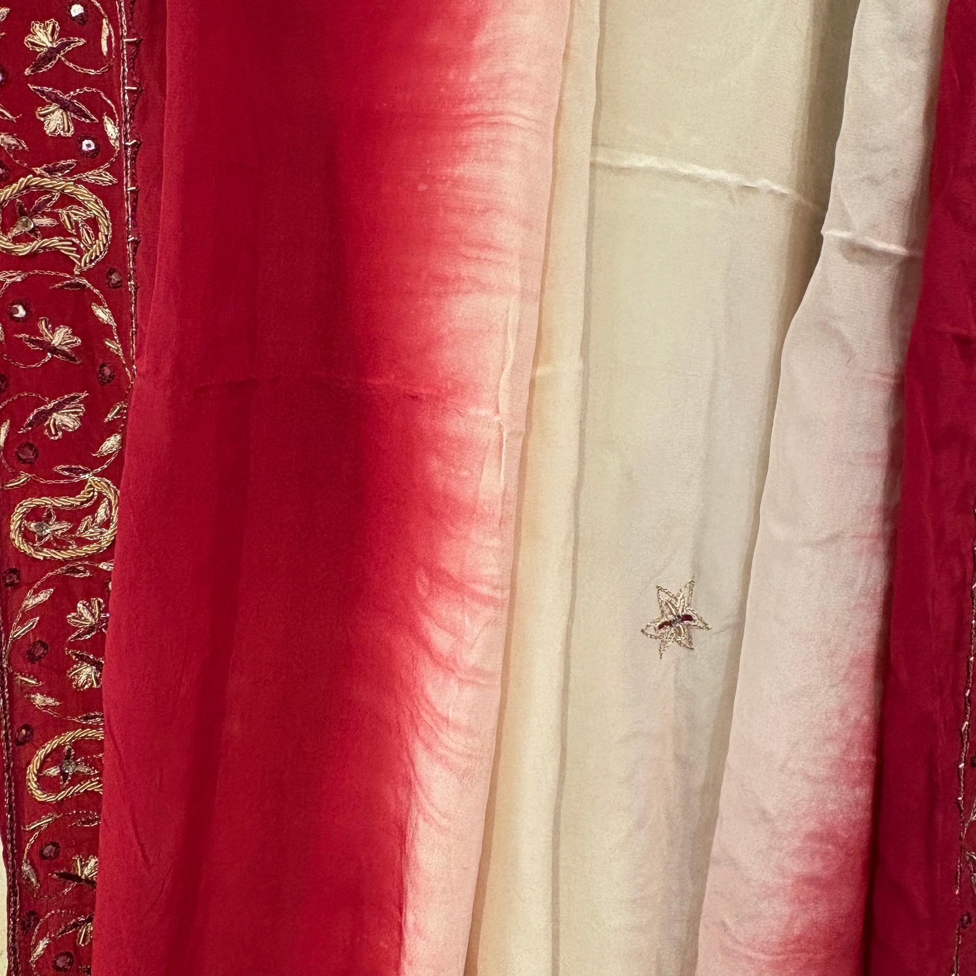 Red & Cream Ombre Embroidered Dupatta