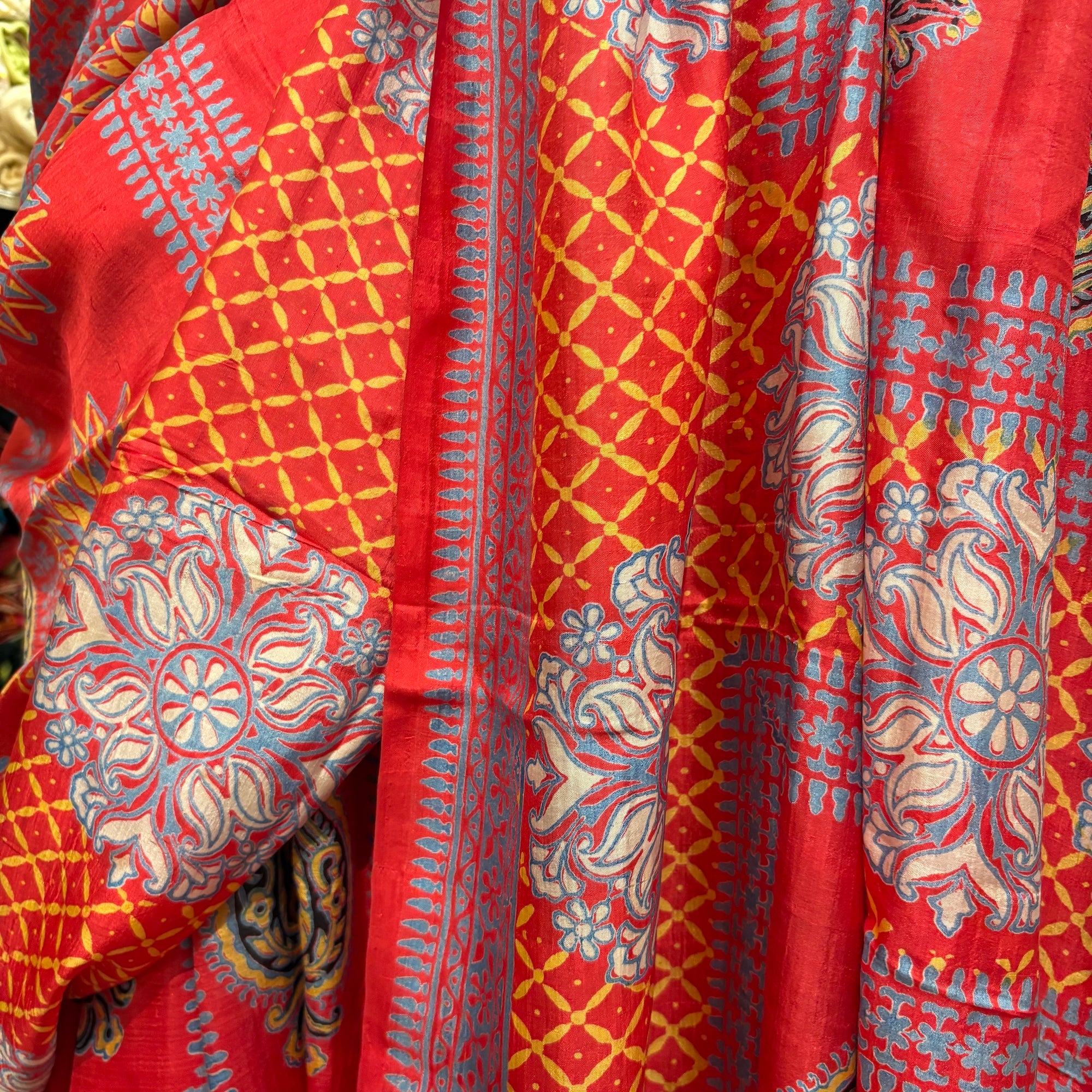 Red & Orange Multiprint Silk Saree - Vintage India NYC