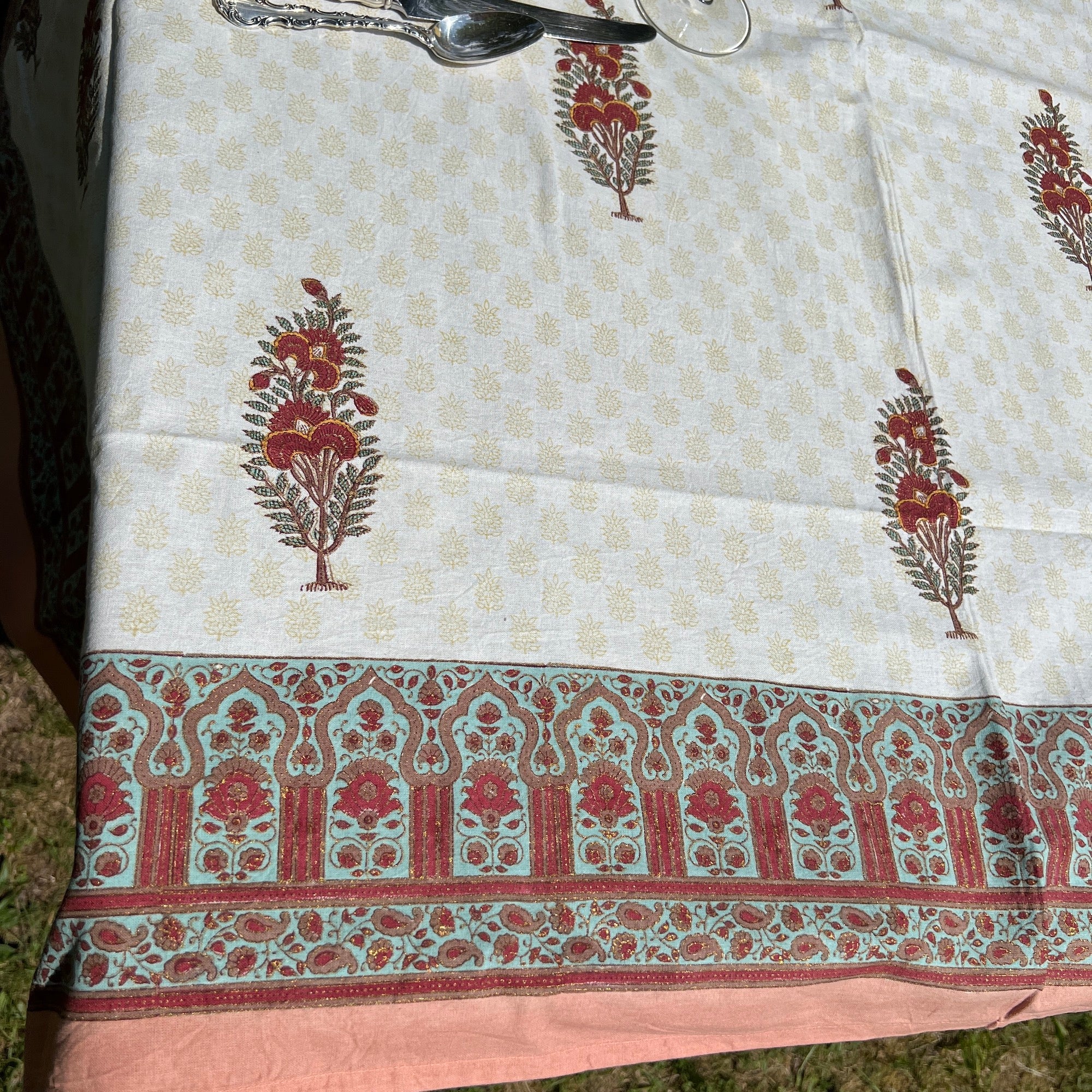 Red Flower Block Print Tablecloth 60 X 90 - Vintage India NYC