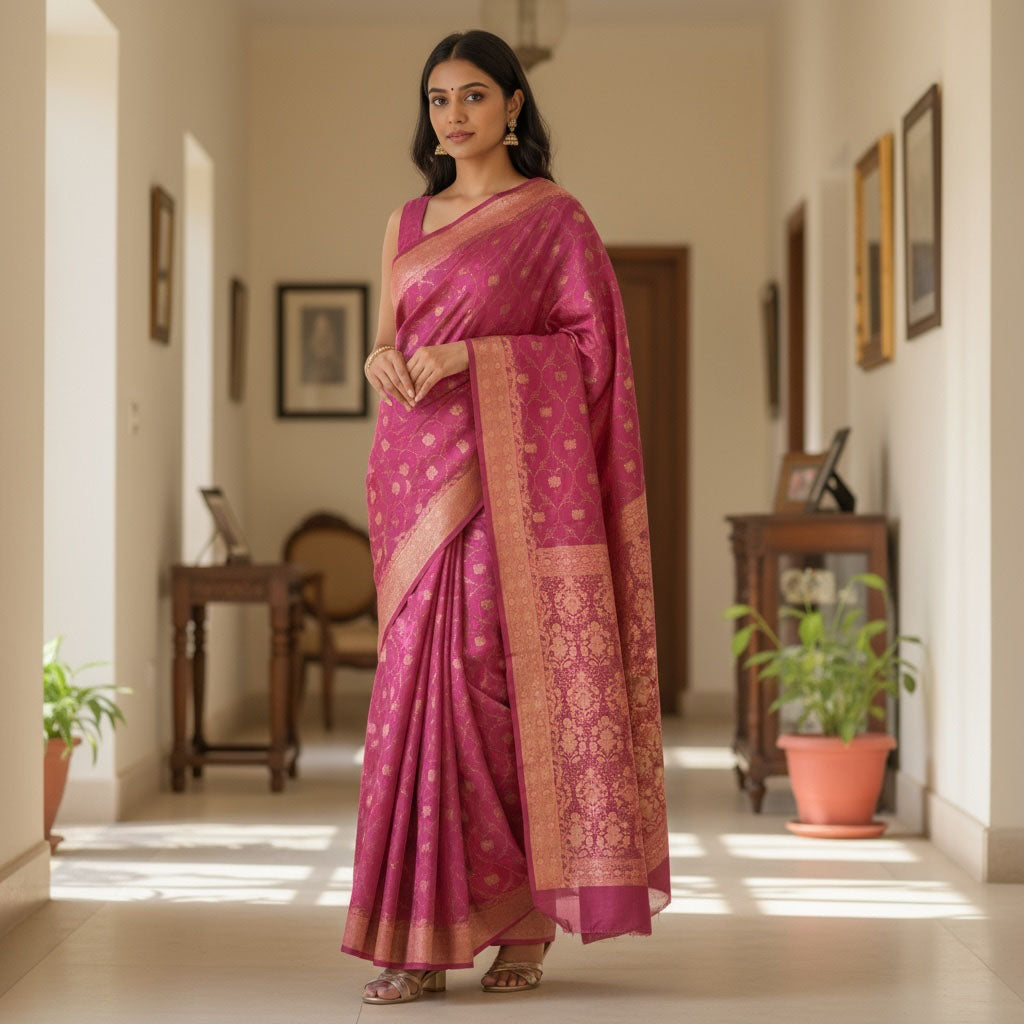 Rose Pink Silk Banarasi Saree - Vintage India NYC