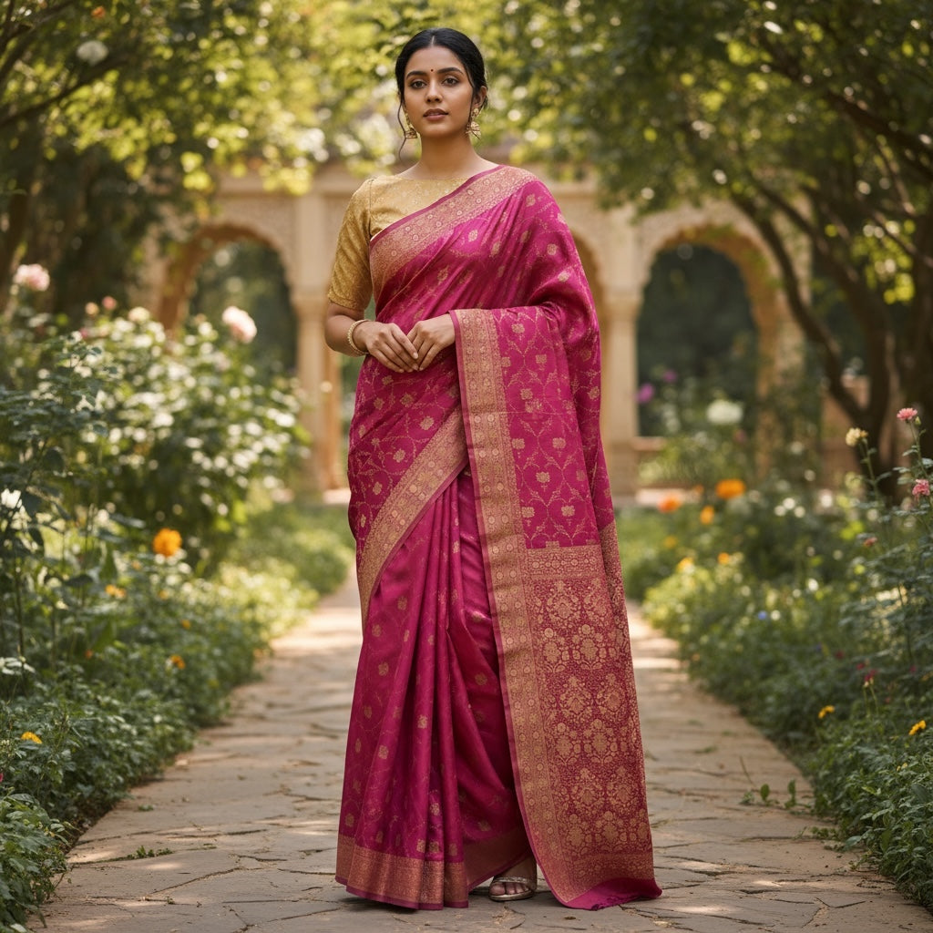 Rose Pink Silk Banarasi Saree - Vintage India NYC