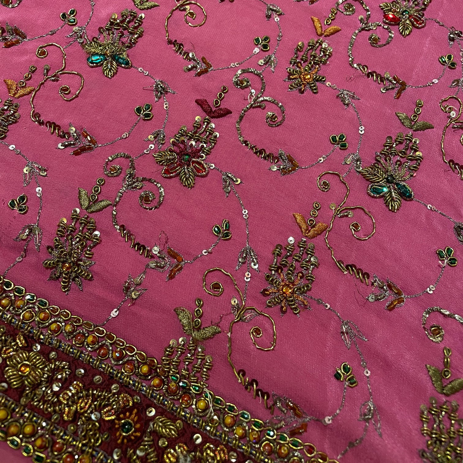 Rose Pink Heavily Embroidered Saree - Vintage India NYC