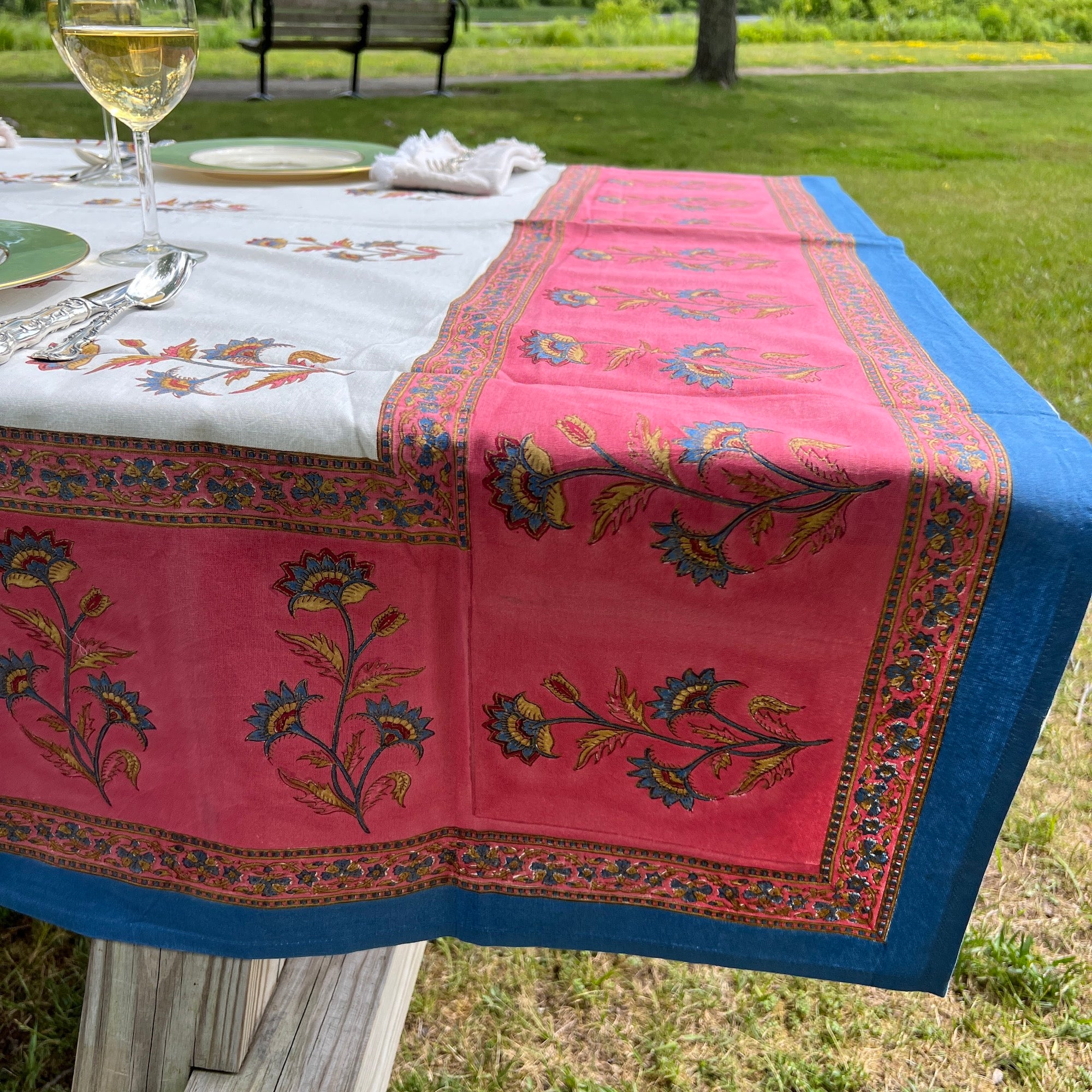 Floral Block Print Tablecloth 60 X 90- 2 Colors - Vintage India NYC