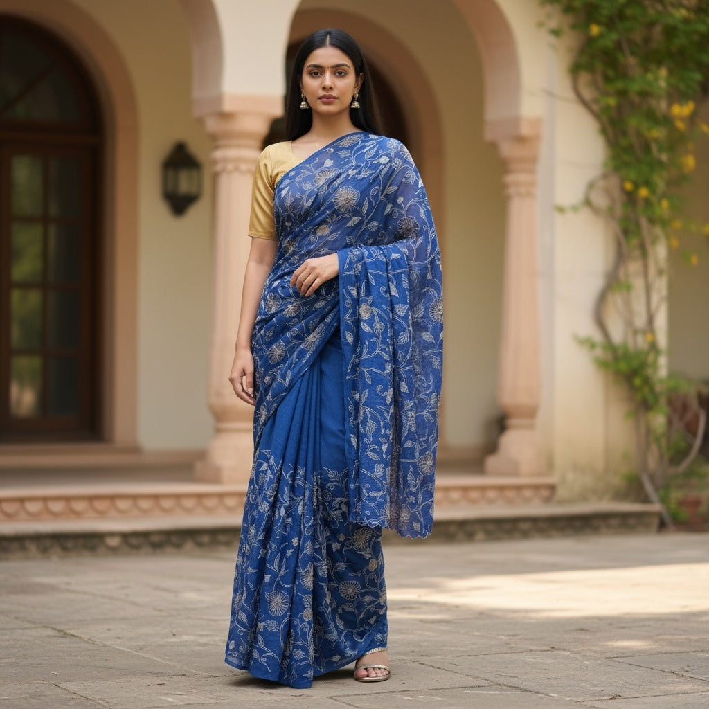 Royal Silk Chiffon Hand Embroidered Saree - Vintage India NYC