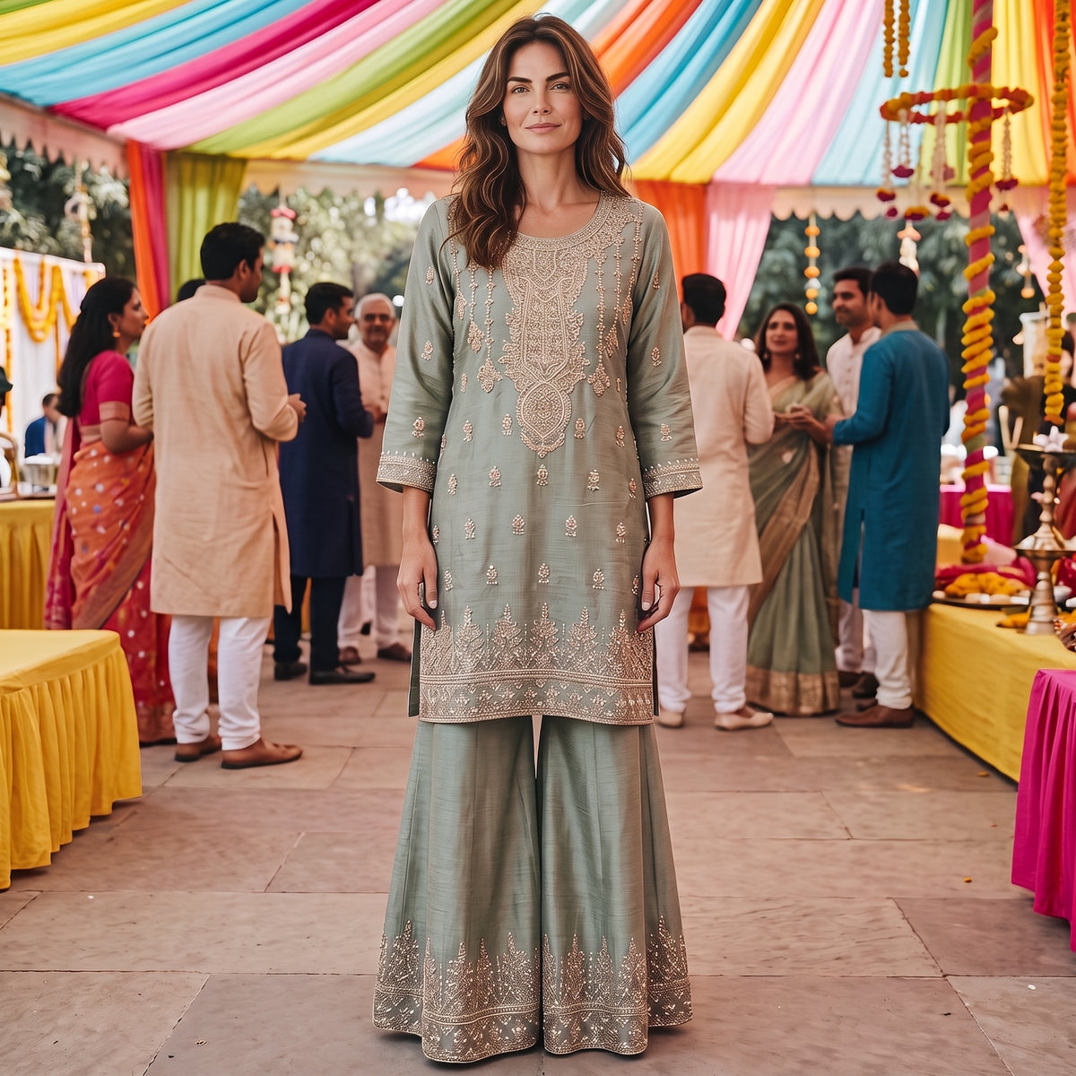 Sage Green Embroidered Sharara Set