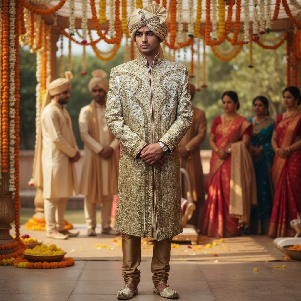 Heavywork Silver Gold Sherwani - Vintage India NYC