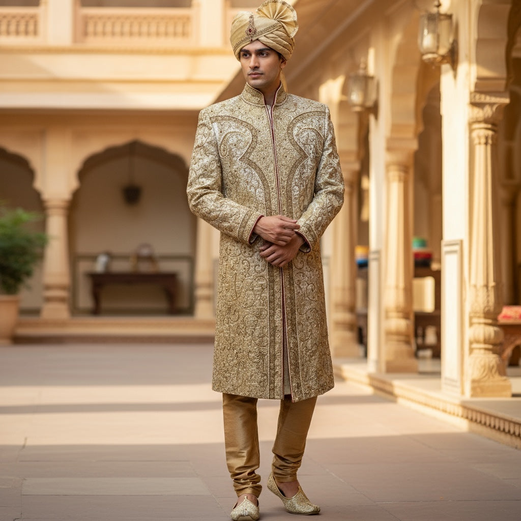 Heavywork Silver Gold Sherwani - Vintage India NYC