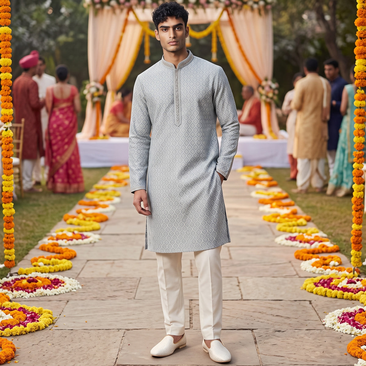 Sky Leaf Jacquard Kurta