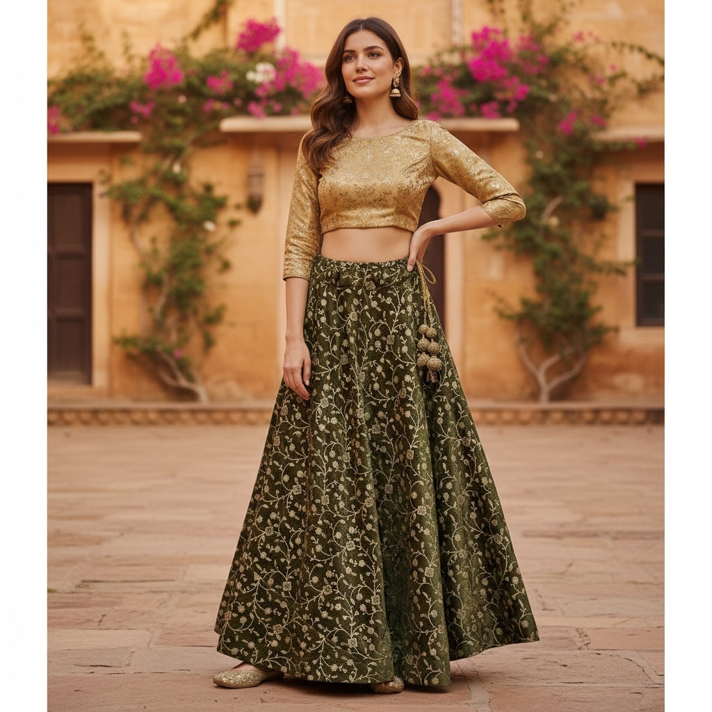 Shimmer Brocade Square Flower Lehengas - Extra Long - Vintage India NYC