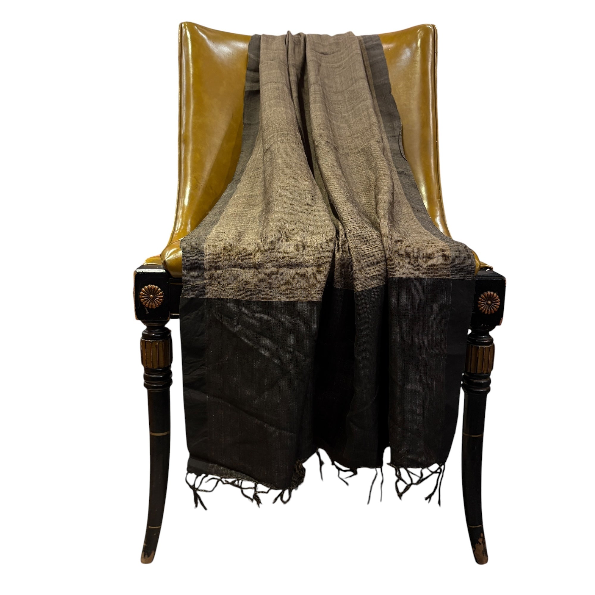 Black & Tan Tussar Handwoven Dupatta - Vintage India NYC
