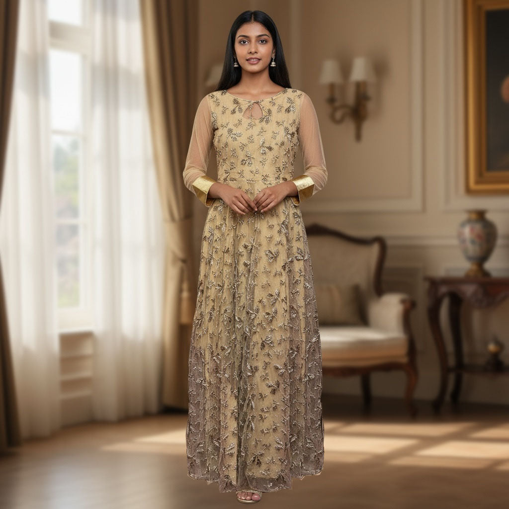 Tan Zardozi Anarkali Gown - Vintage India NYC