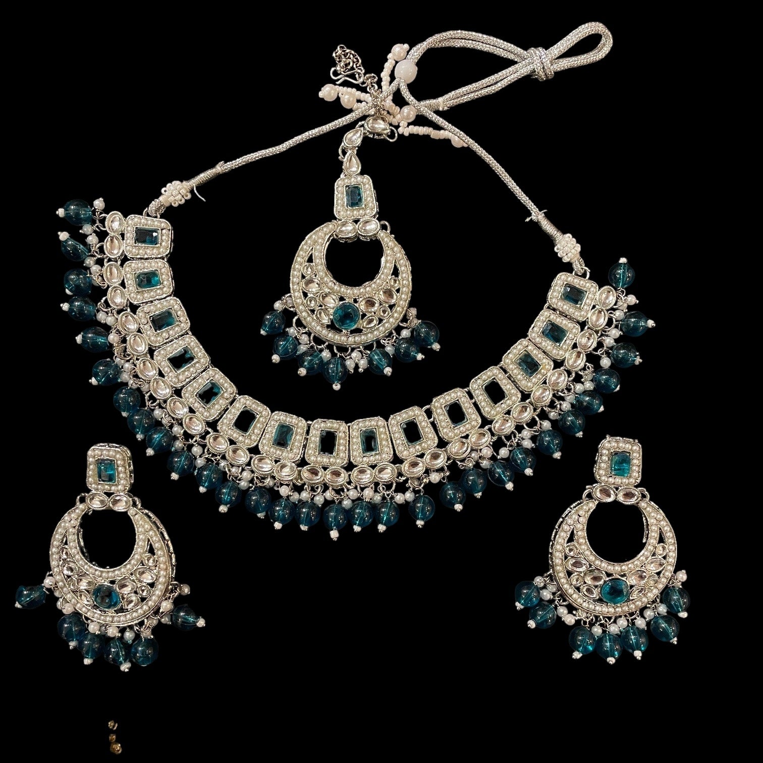 Silver Square Stone Chandbali Necklace Set-2 Colors