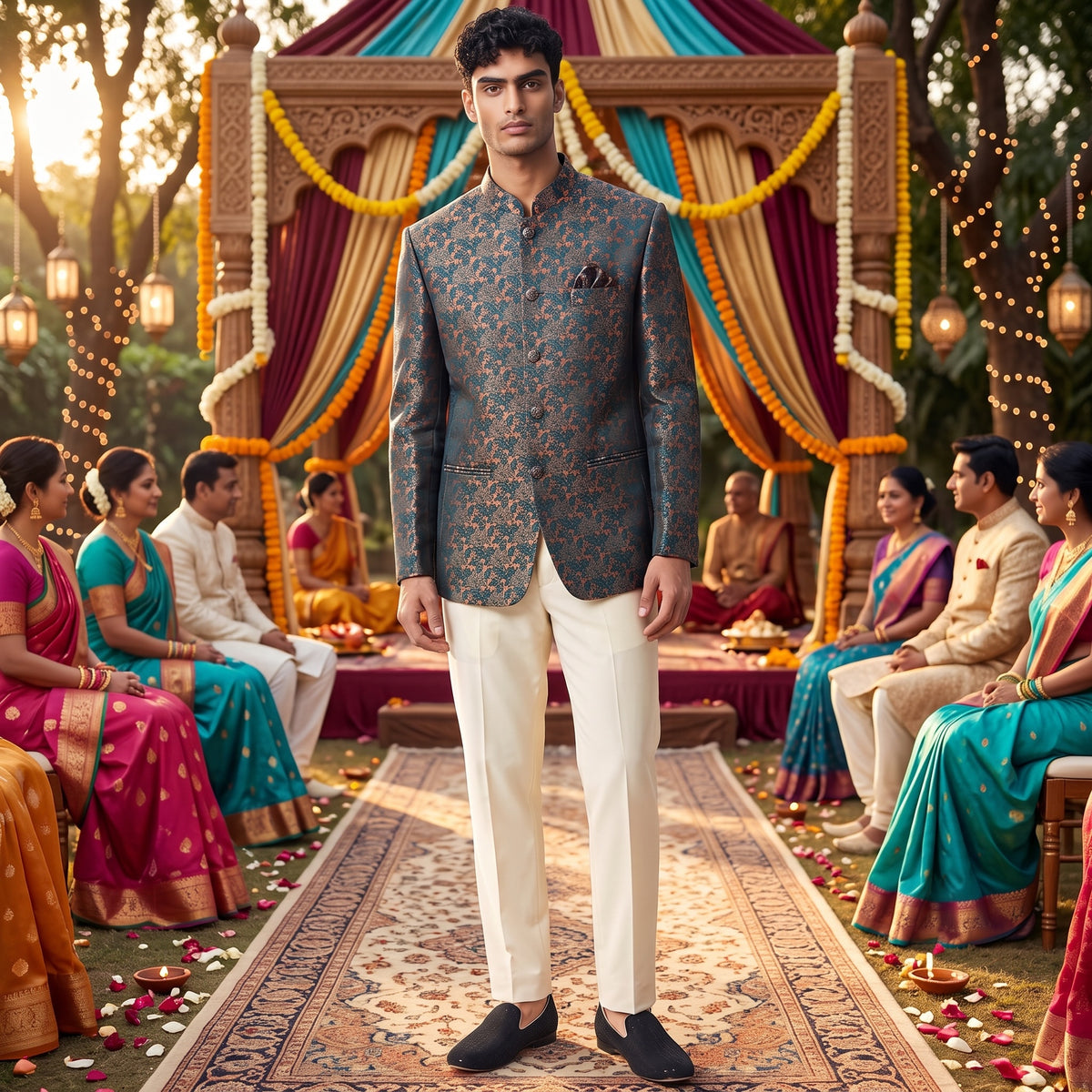 Teal Floral Stem Jodhpuri Jacket