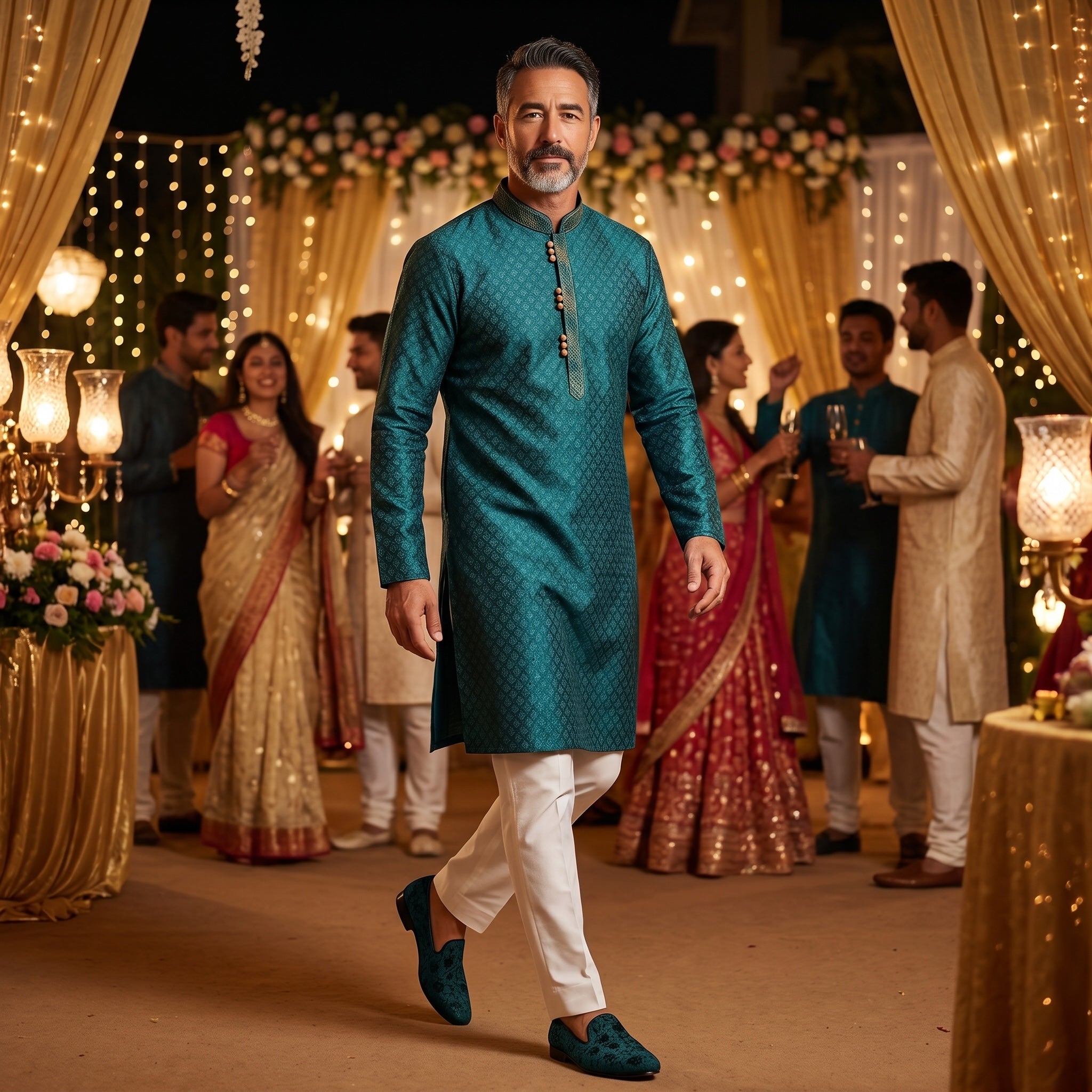 Teal Garland Brocade Kurtas - Vintage India NYC