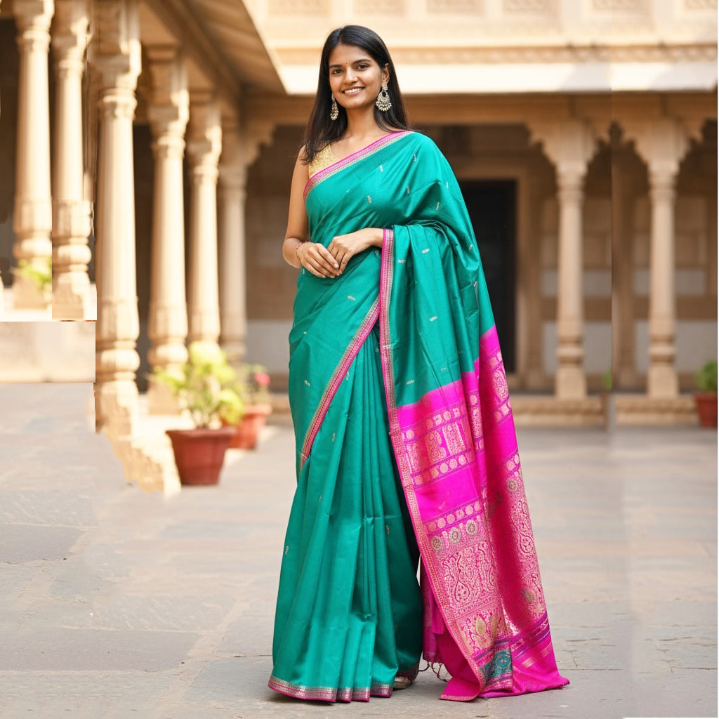 Teal & Pink Banarasi Saree 1004