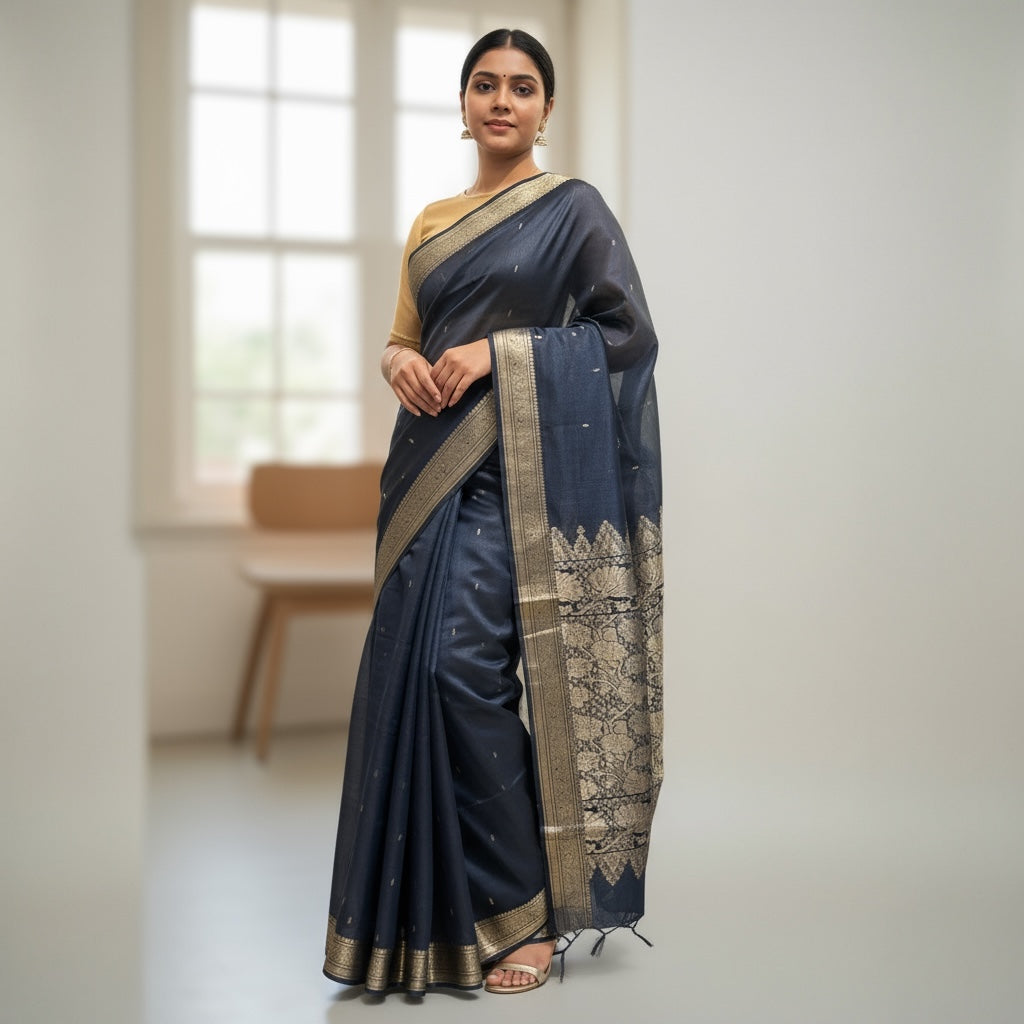 Navy Tissue Silk Banarasi Saree - Vintage India NYC
