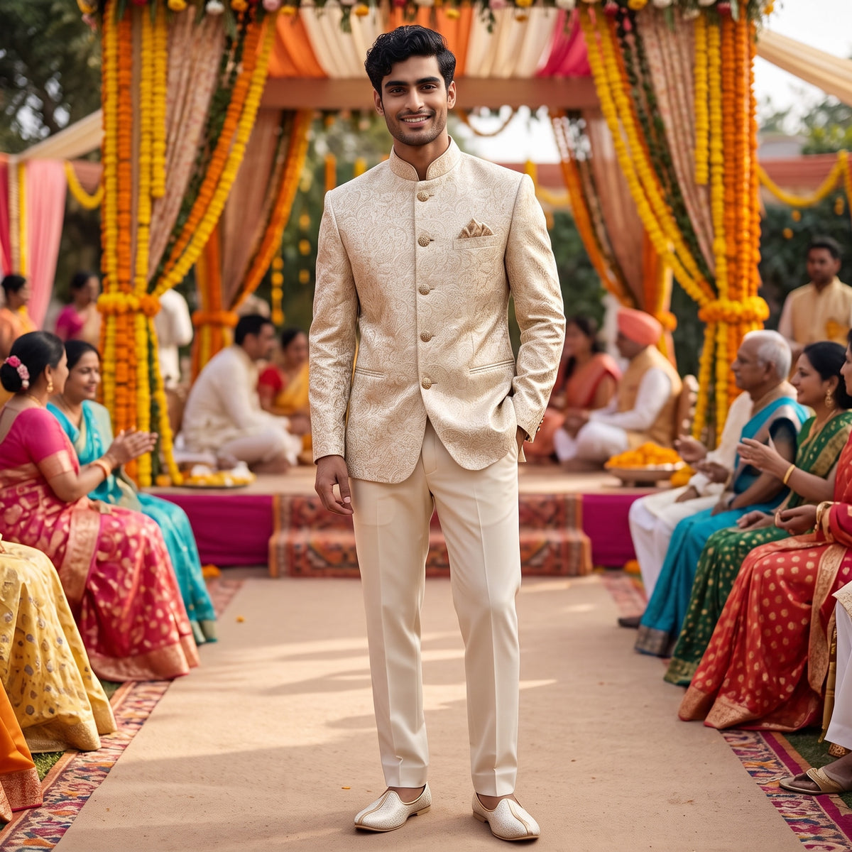 Vanilla Floral Embossed Jodhpuri Jacket