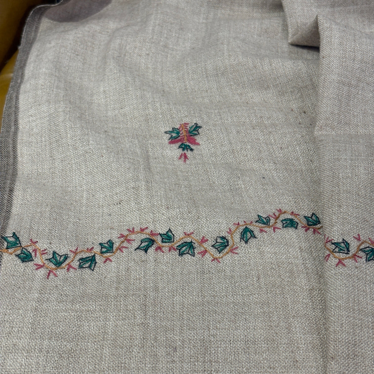 Vintage Embroidered Sand, Pink & Green Wool Shawl 42 x 83in