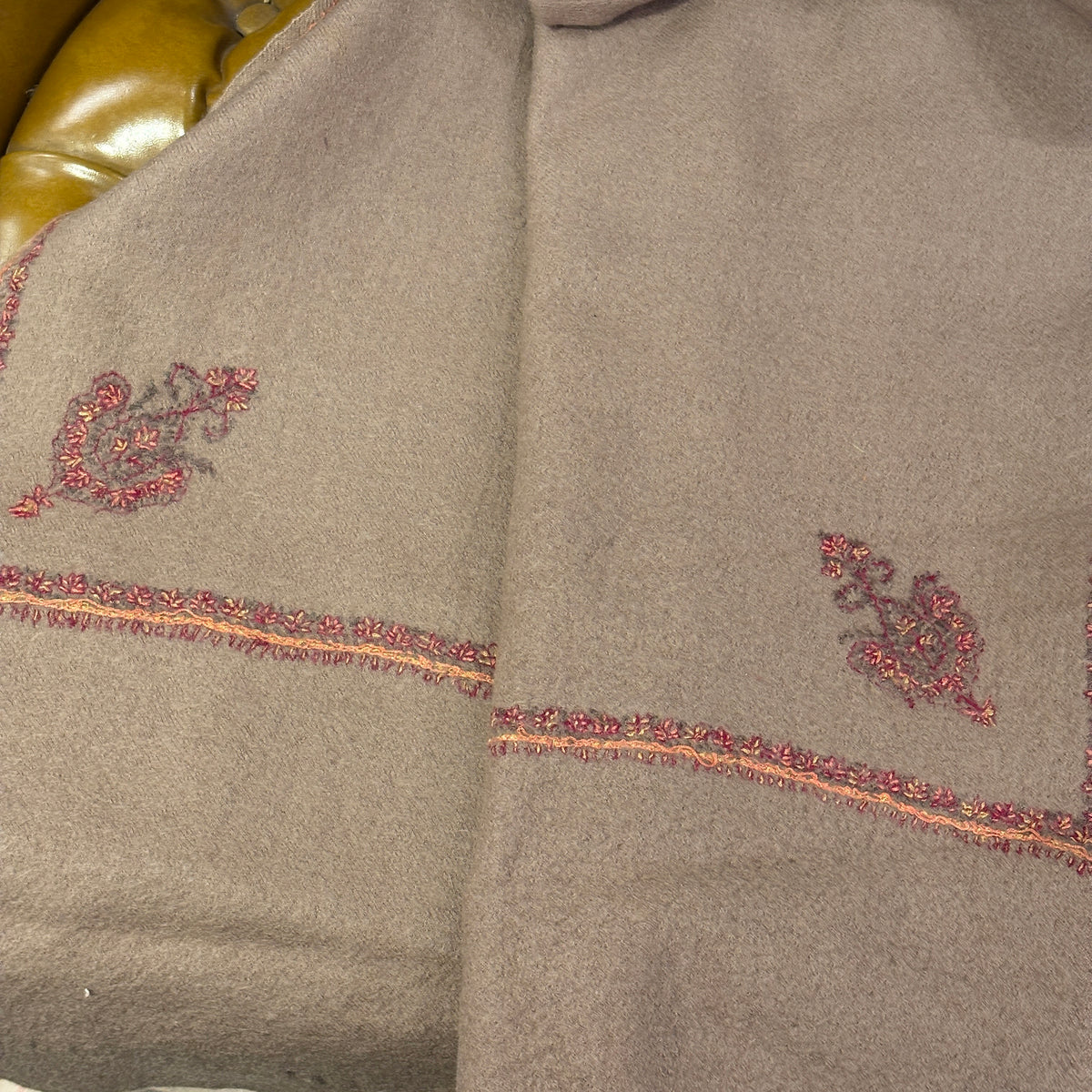Vintage Tan w/Butta Embroidered Wool Shawl 29x62
