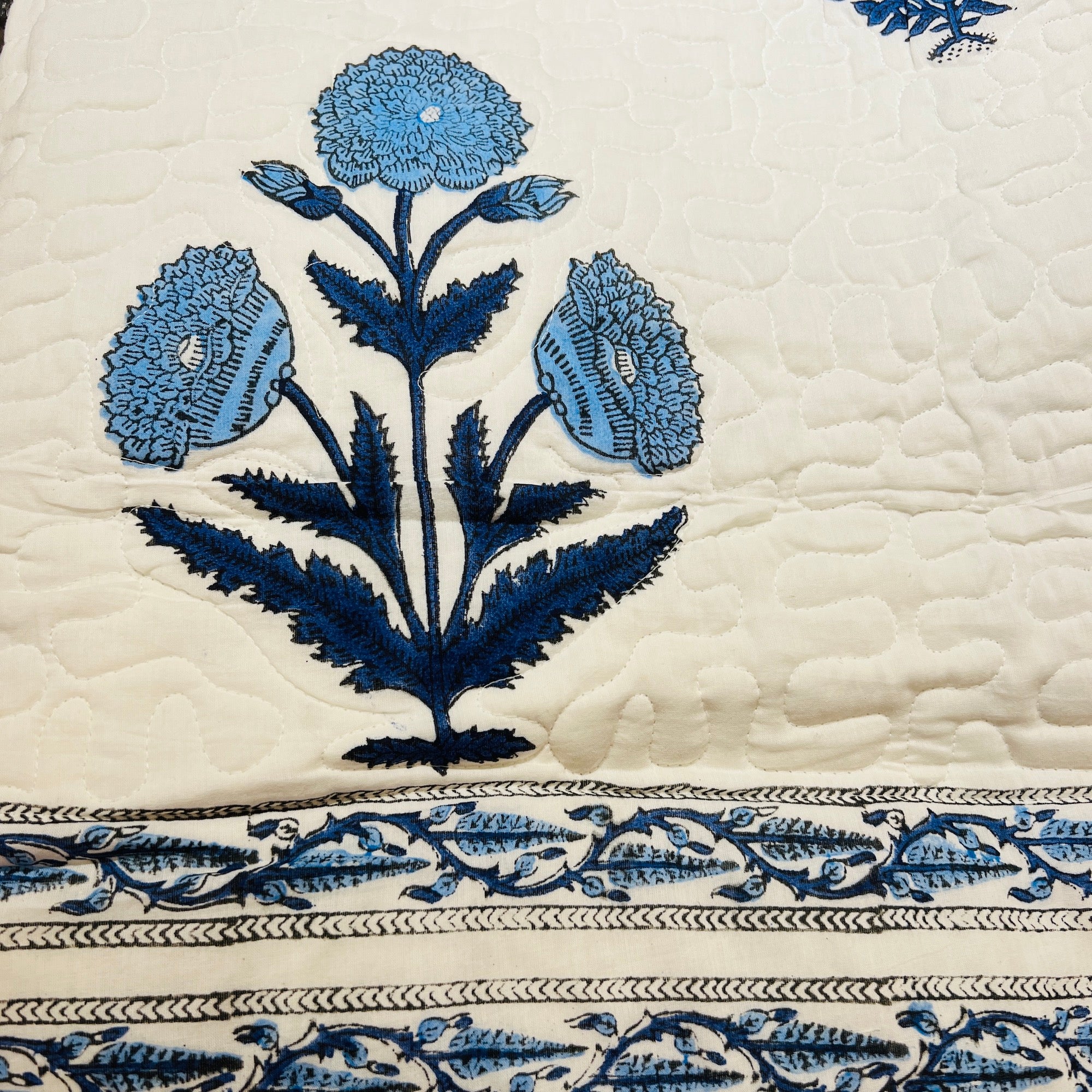 White w Blue Floral Reversible Queen Quilt - Vintage India NYC