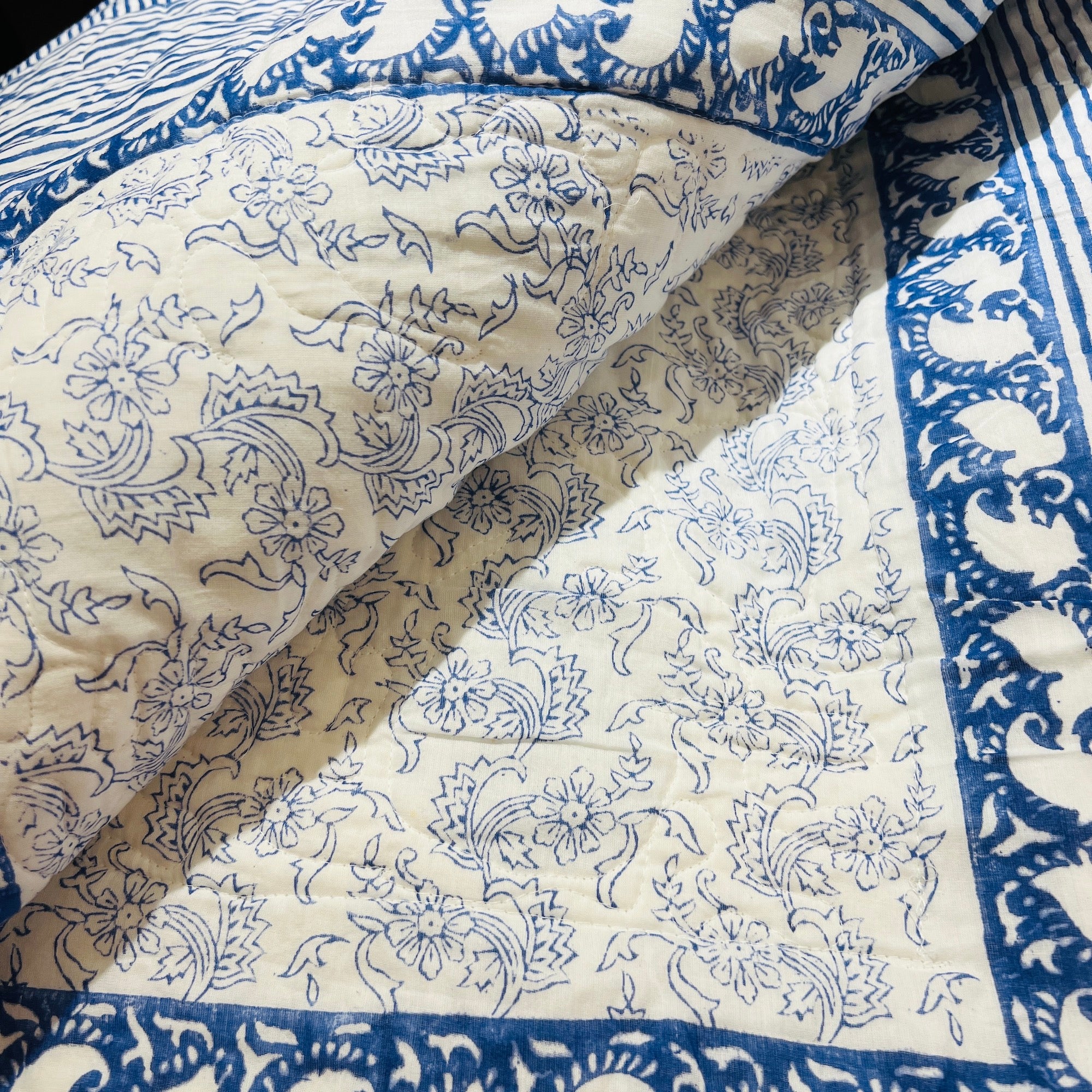 White w Blue Floral Reversible Queen Quilt - Vintage India NYC