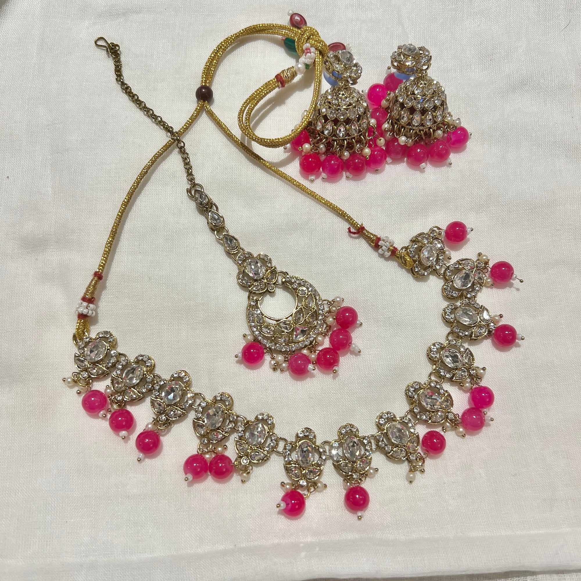 White Stone Jhumka Necklace Set-12 Colors - Vintage India NYC